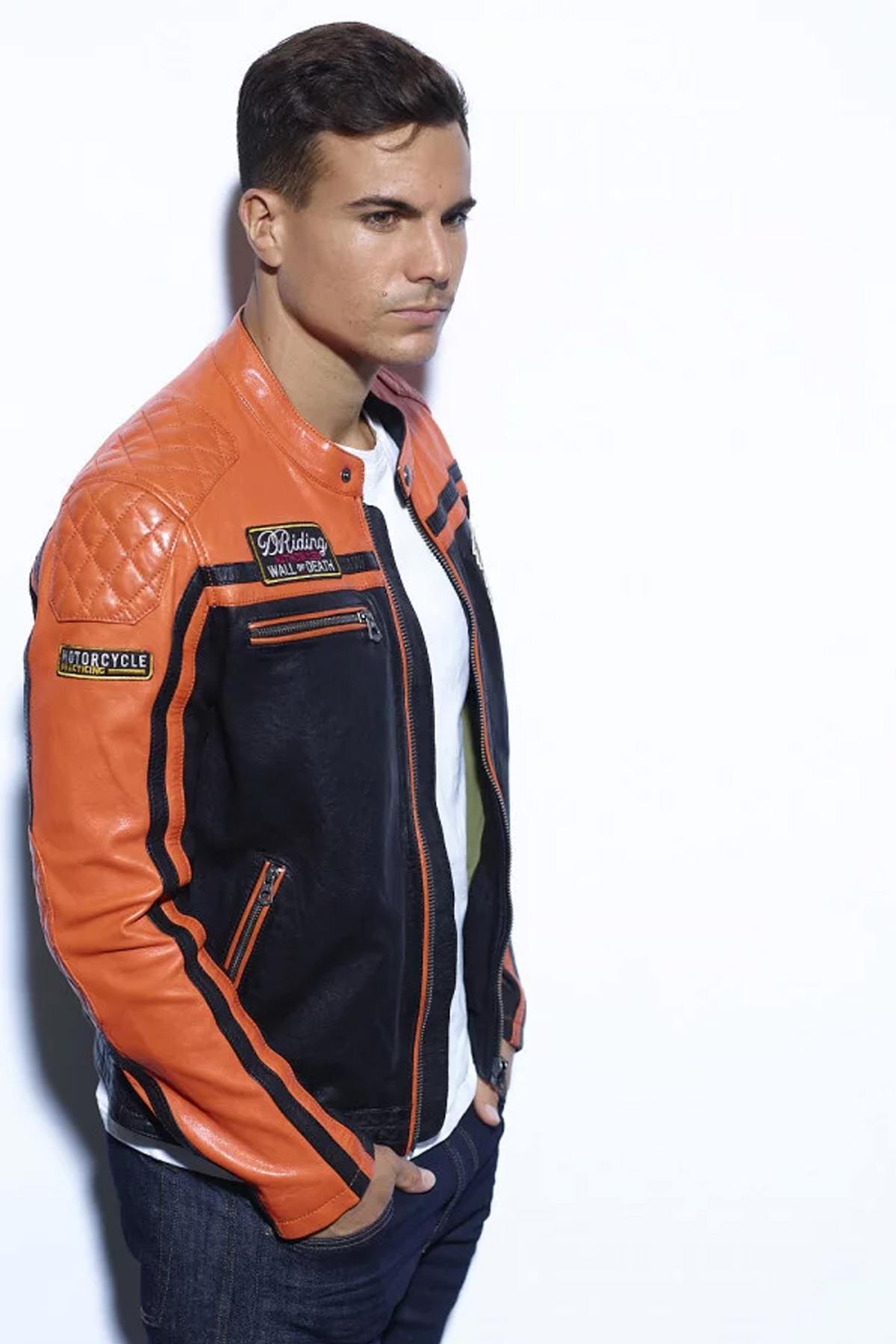 Orange and black motor-style leather jacket - Image n°5