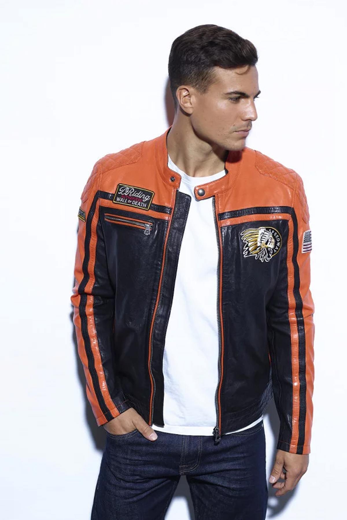 Orange and black motor-style leather jacket - Image n°1