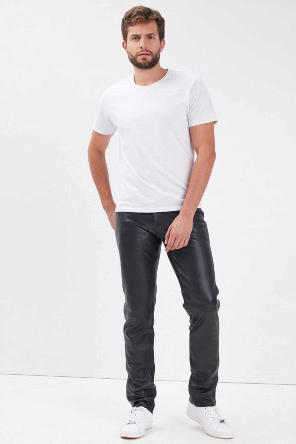 Men's regular-fit pants in thick, supple goatskin leather - Image n°2