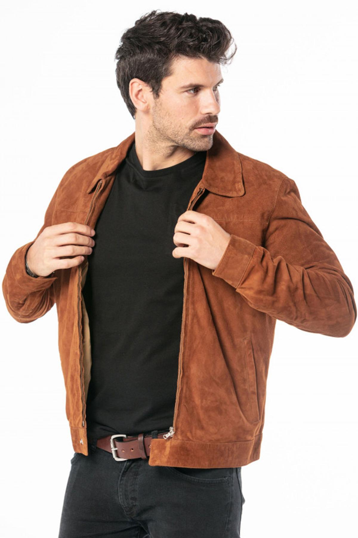 Retro velvet-effect goatskin leather jacket - Image n°4