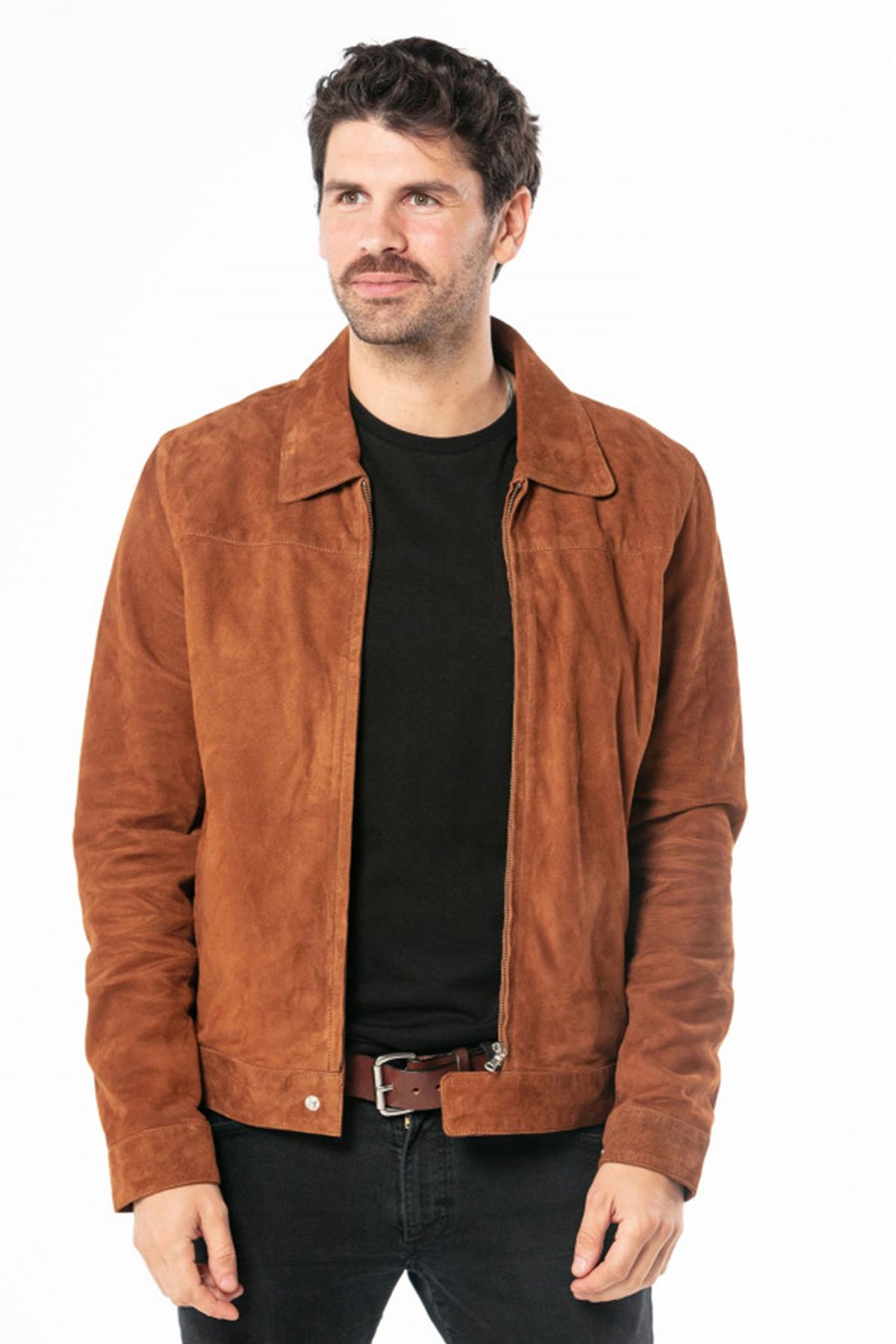 Retro velvet-effect goatskin leather jacket - Image n°5