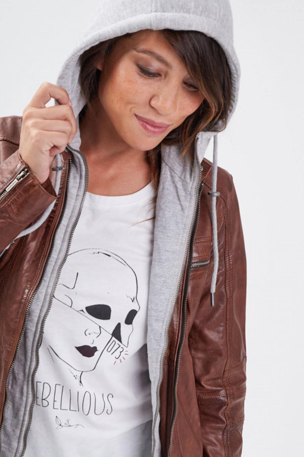 Brown leather jacket with removable hood - Image n°6