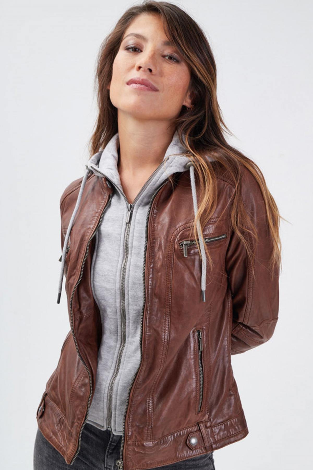 Brown leather jacket with removable hood - Image n°5