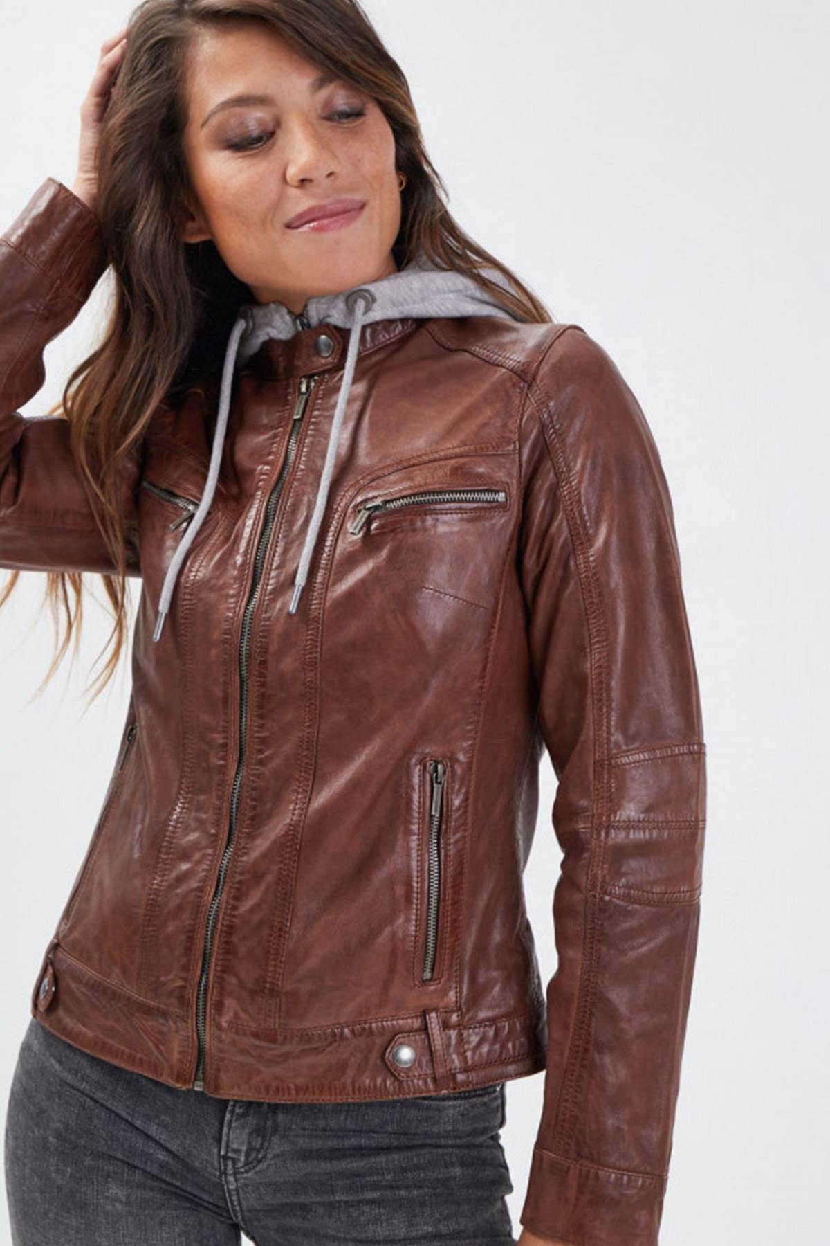 Brown leather jacket with removable hood - Image n°1