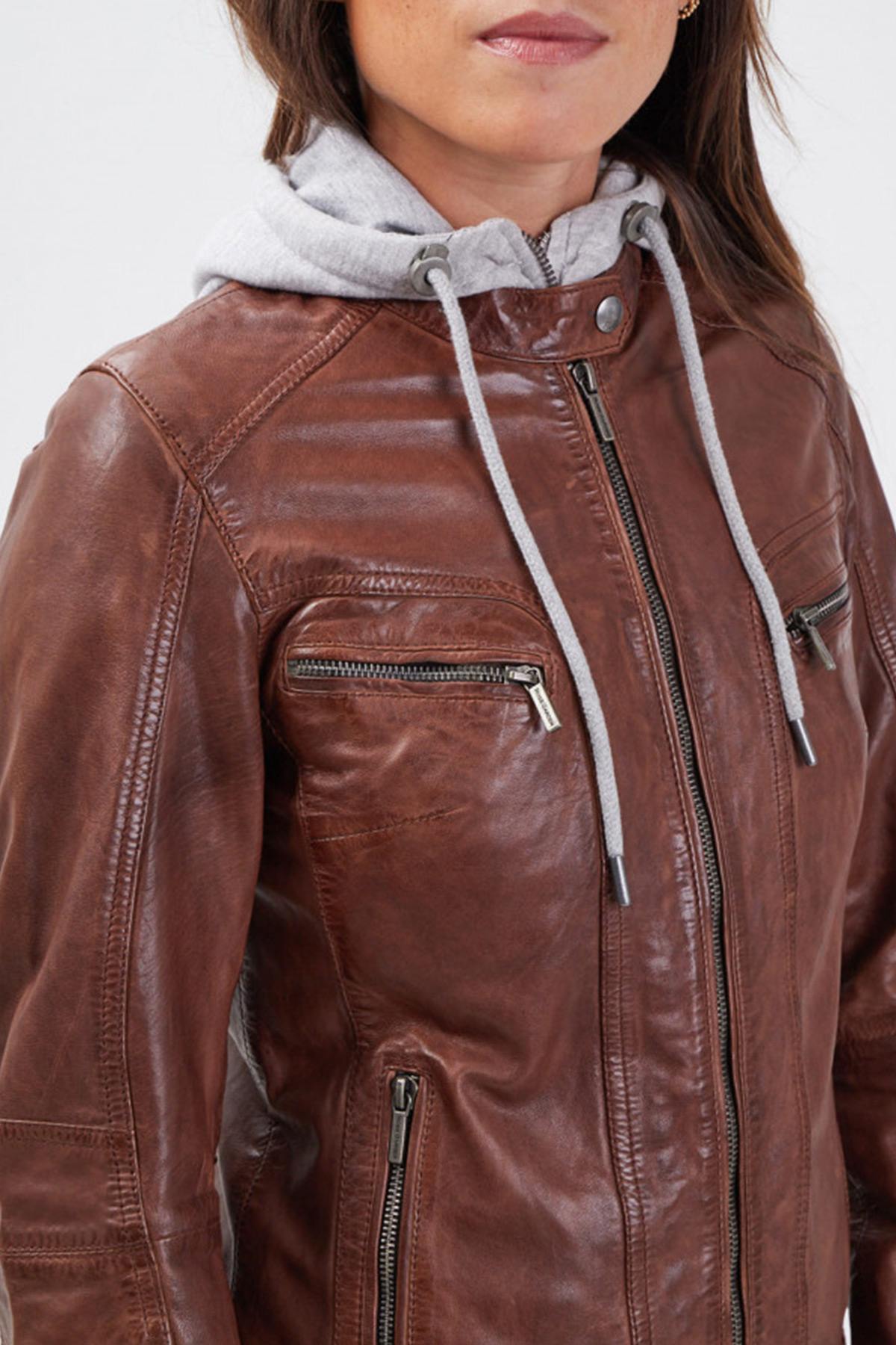 Brown leather jacket with removable hood - Image n°7