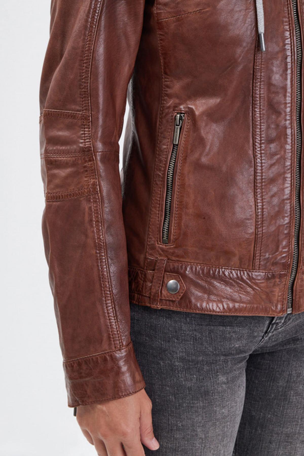 Brown leather jacket with removable hood - Image n°8