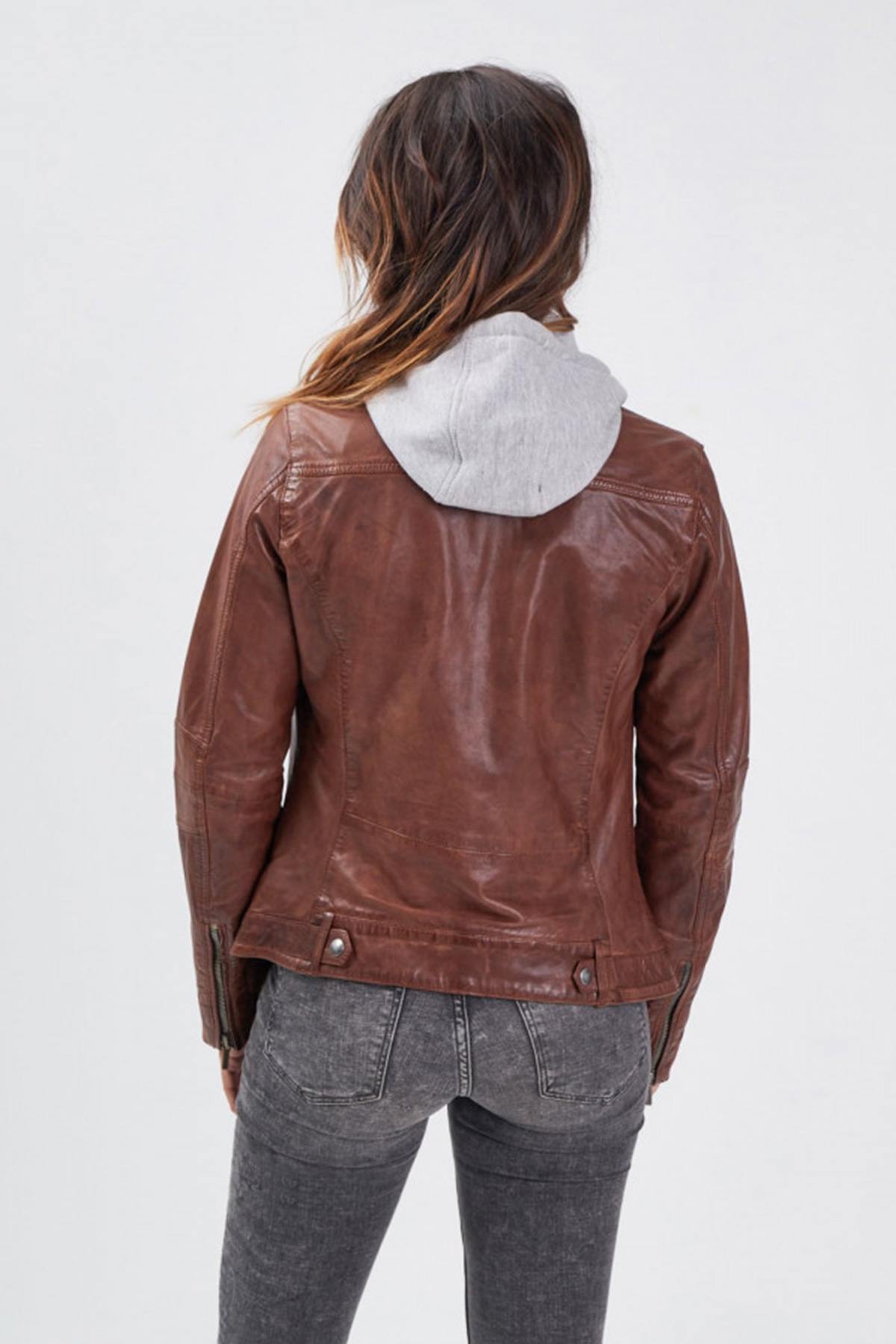 Brown leather jacket with removable hood - Image n°4