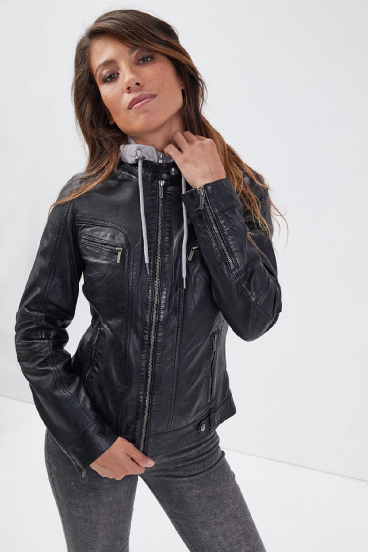 Hooded biker collar in black washed lambskin - Image n°1