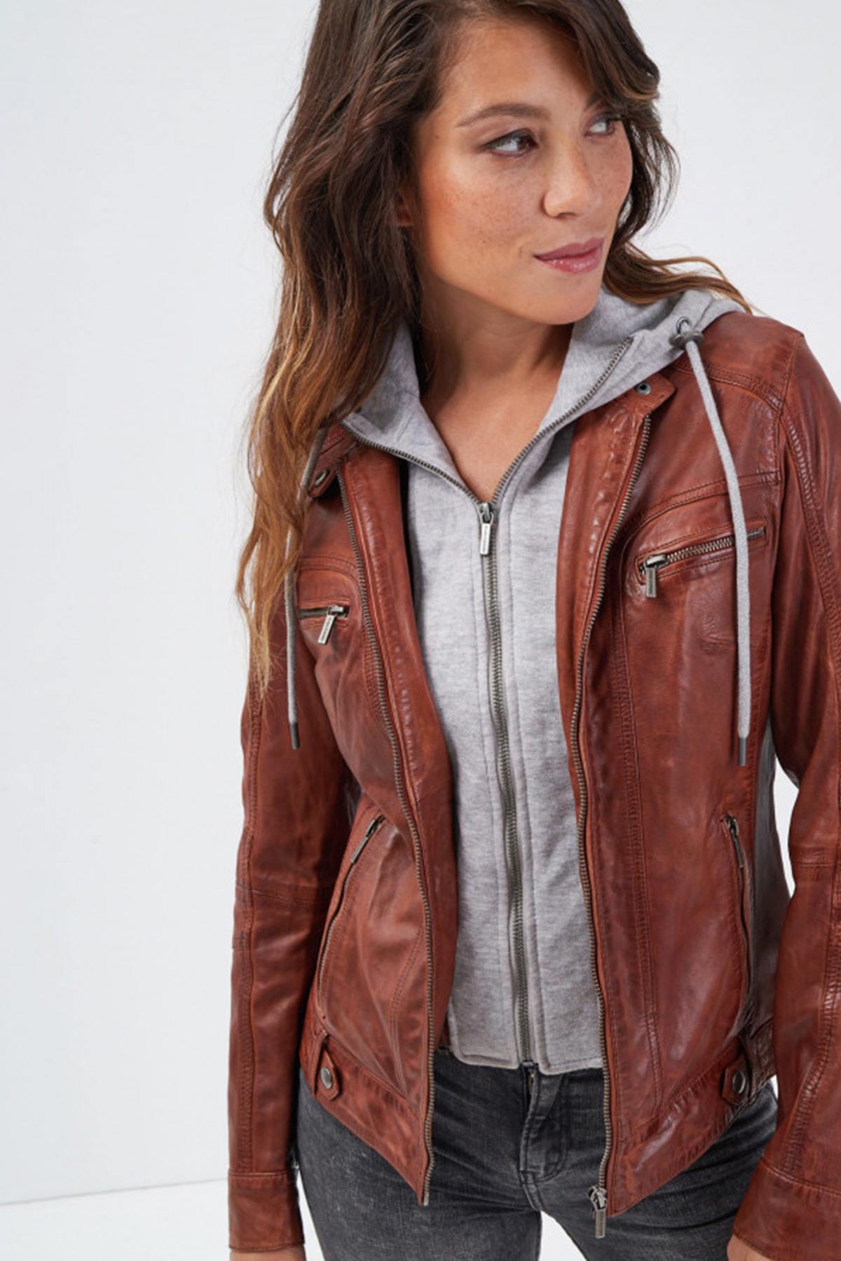 Cognac jacket in genuine washed lambskin - Image n°1