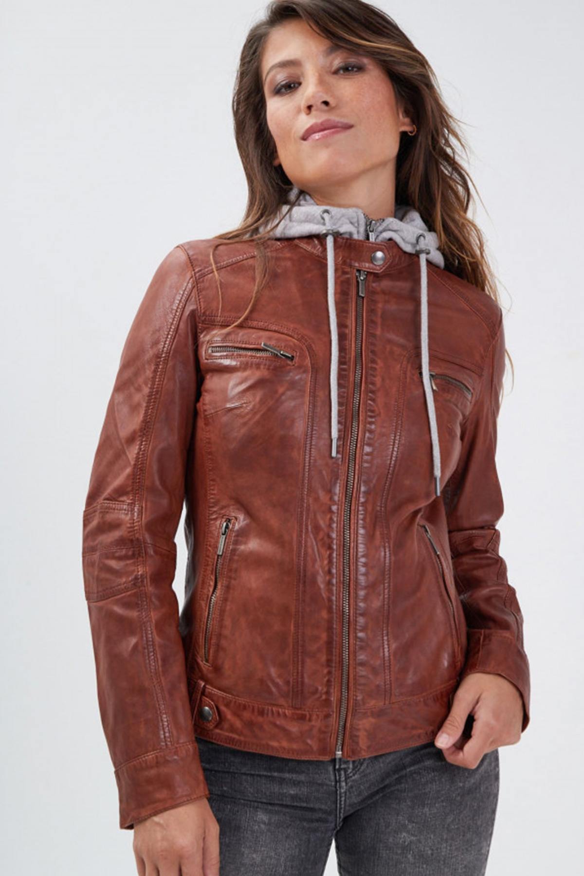 Cognac jacket in genuine washed lambskin - Image n°7