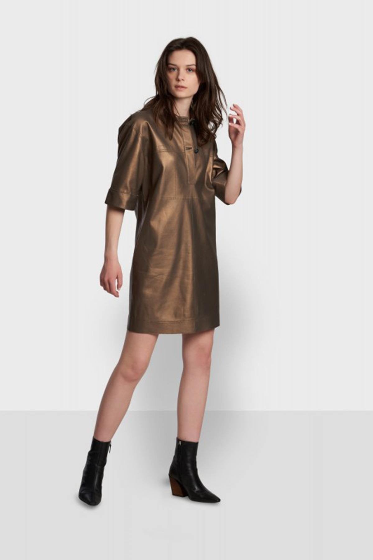 Shiny brown leather shirt dress - Image n°3