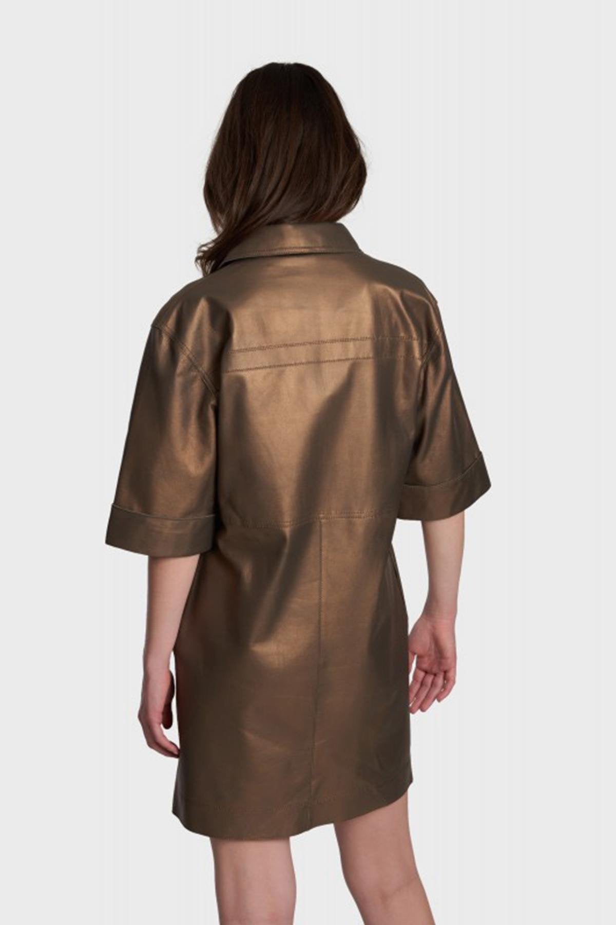 Shiny brown leather shirt dress - Image n°5