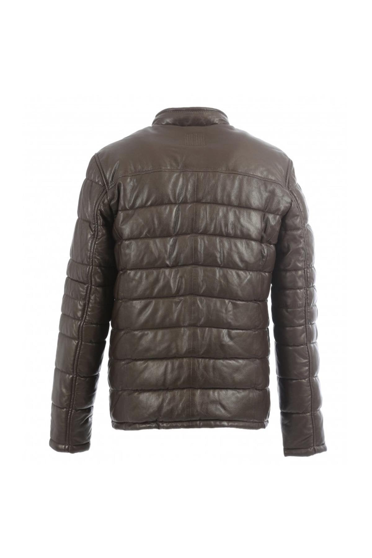 Mid-length down jacket in brown genuine leather - Image n°10