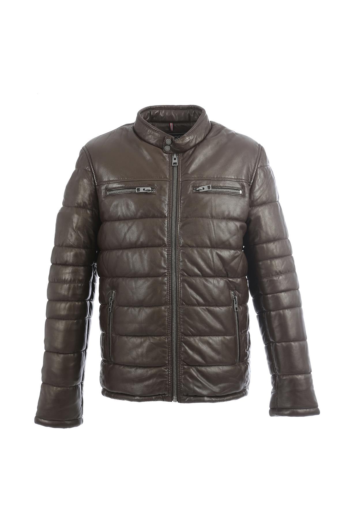 Mid-length down jacket in brown genuine leather - Image n°9