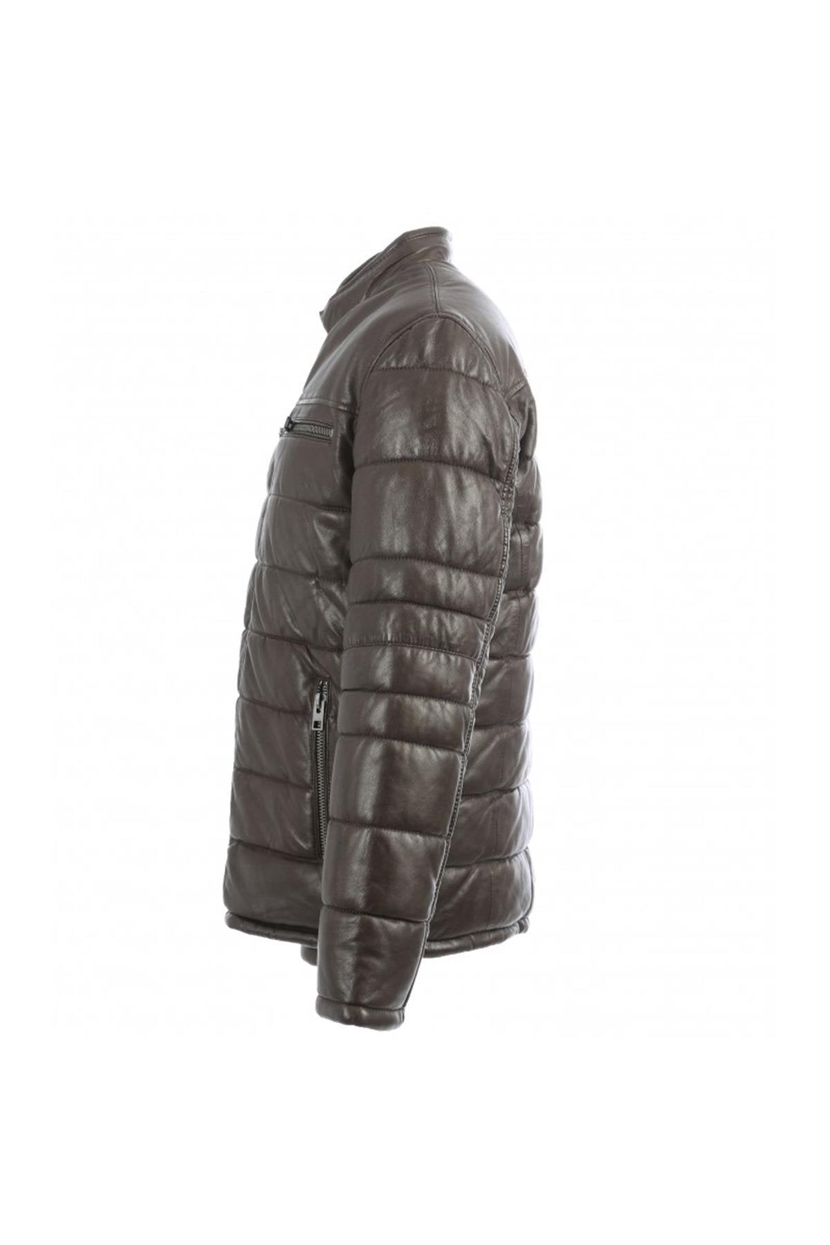 Mid-length down jacket in brown genuine leather - Image n°11