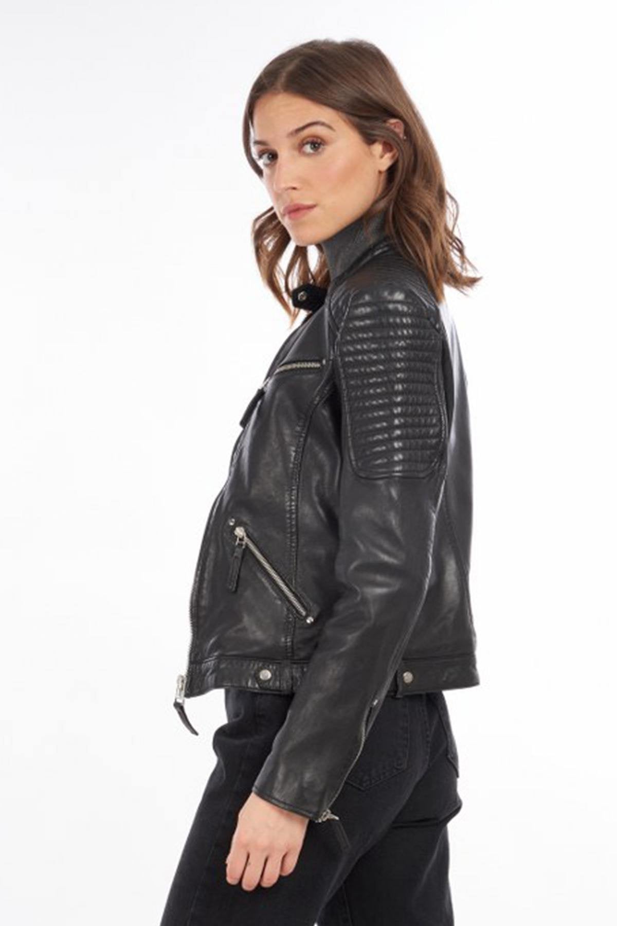 Black slimfit rock-style leather jacket - Image n°1