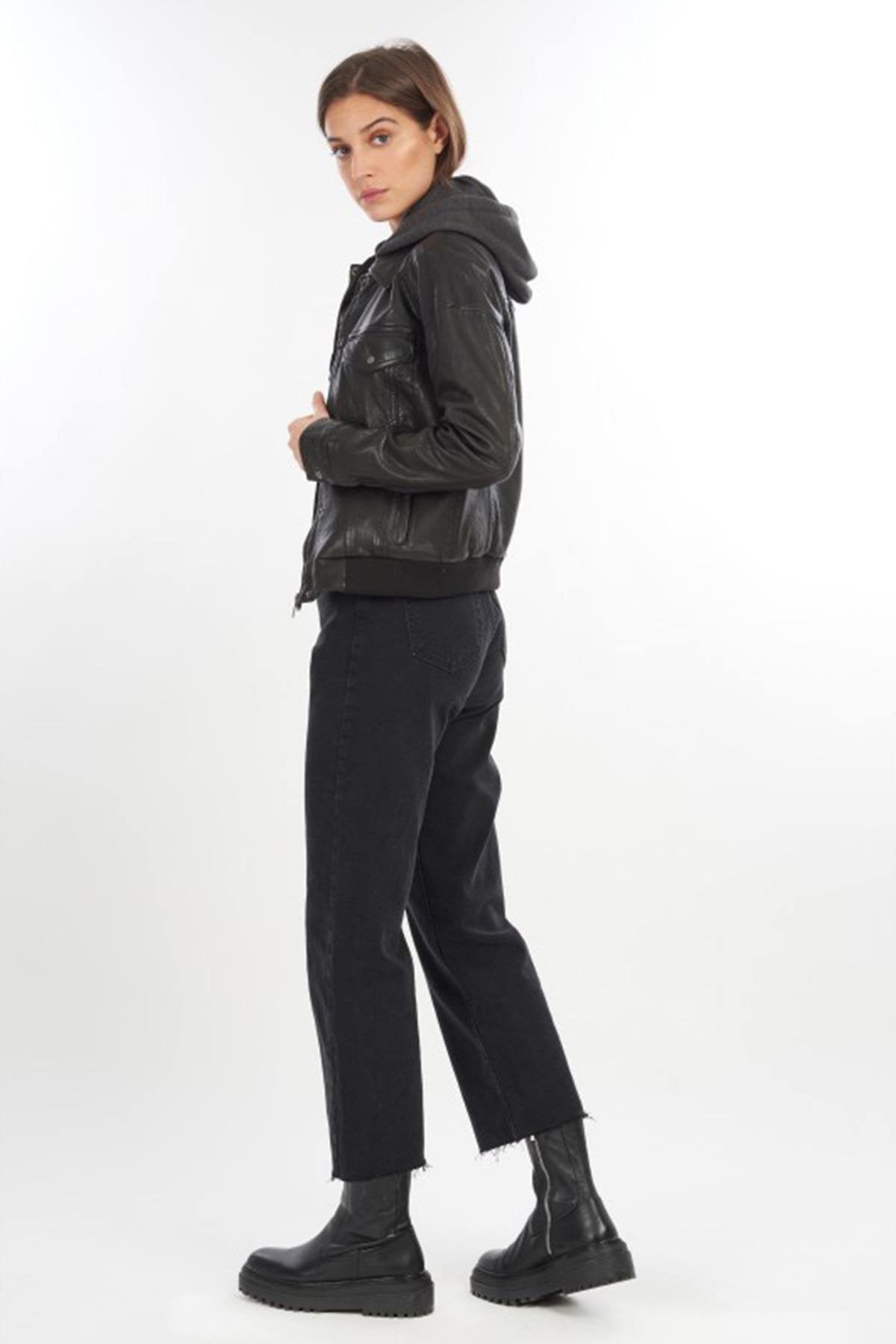 Black leather jacket with removable textile hood - Image n°3