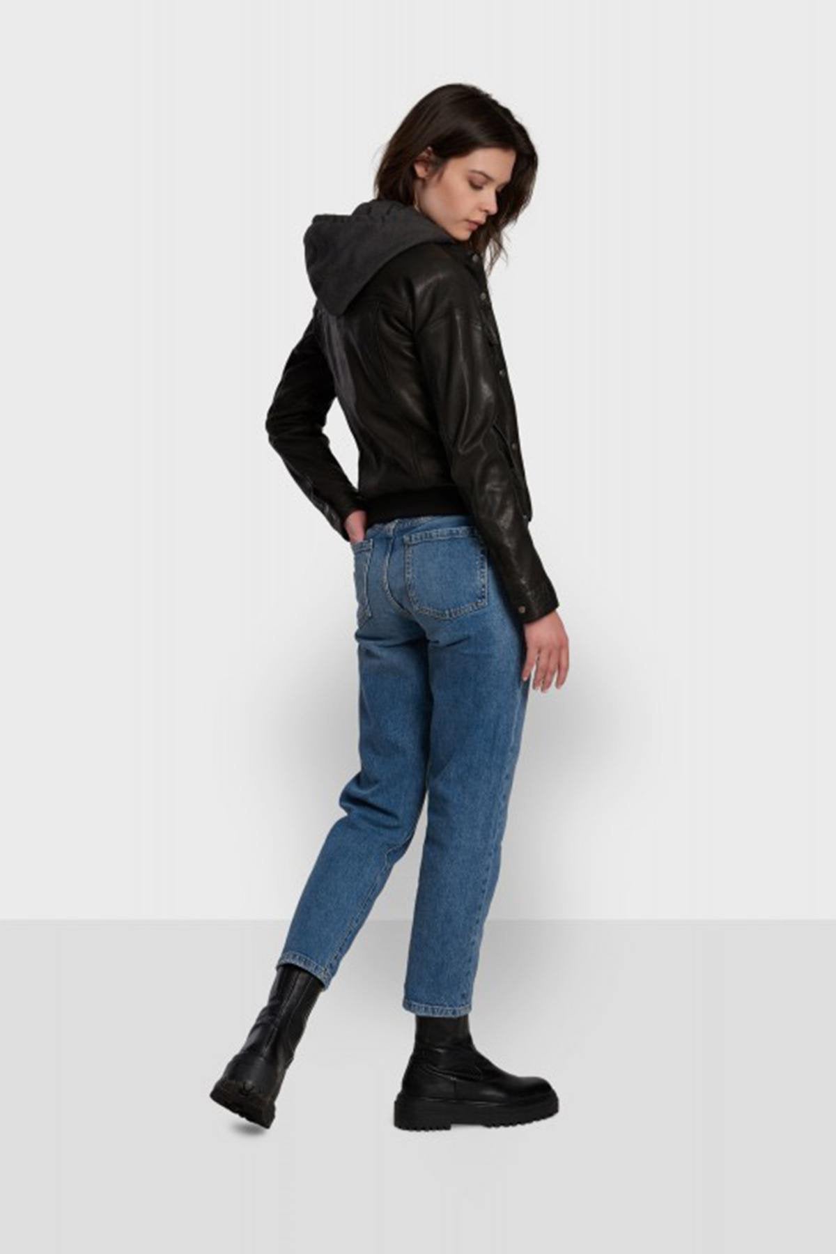 Black leather jacket with removable textile hood - Image n°4