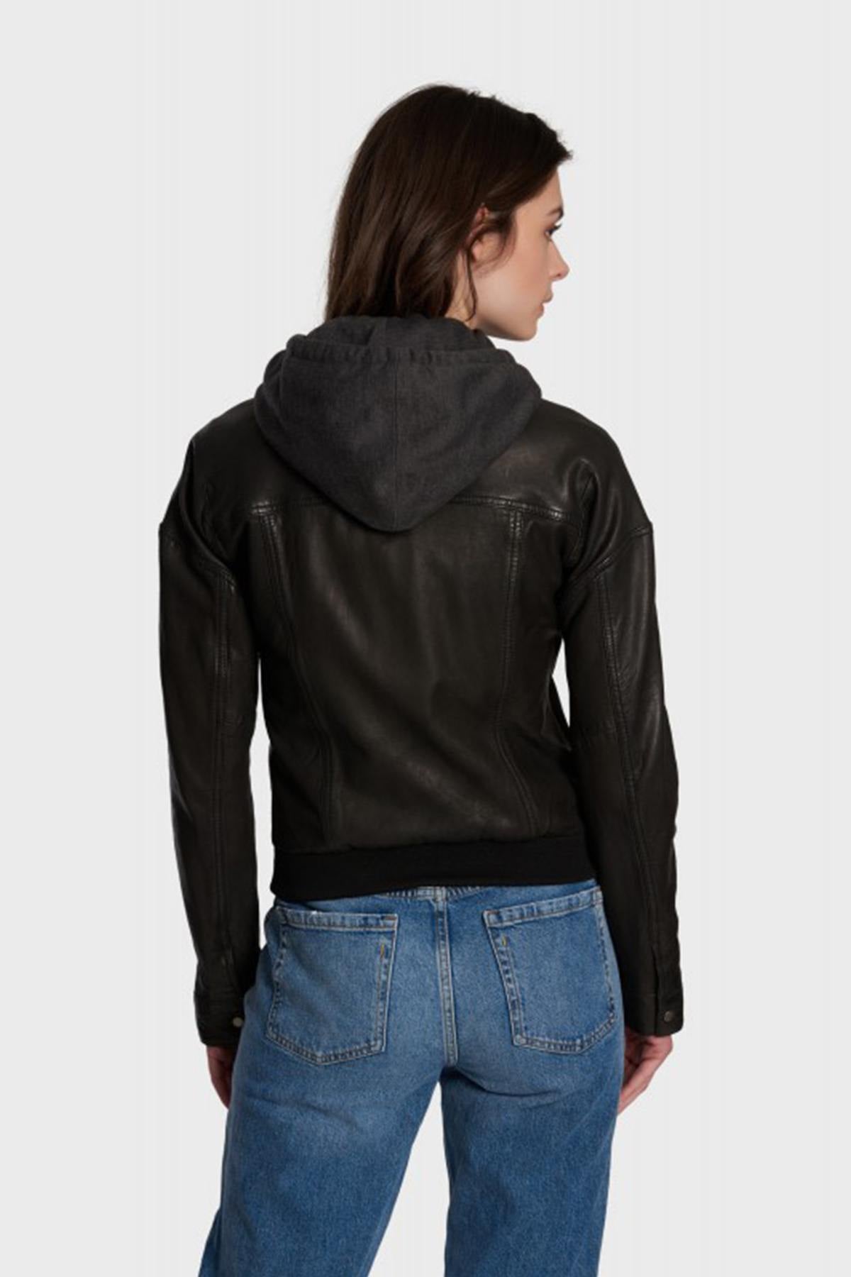 Black leather jacket with removable textile hood - Image n°5