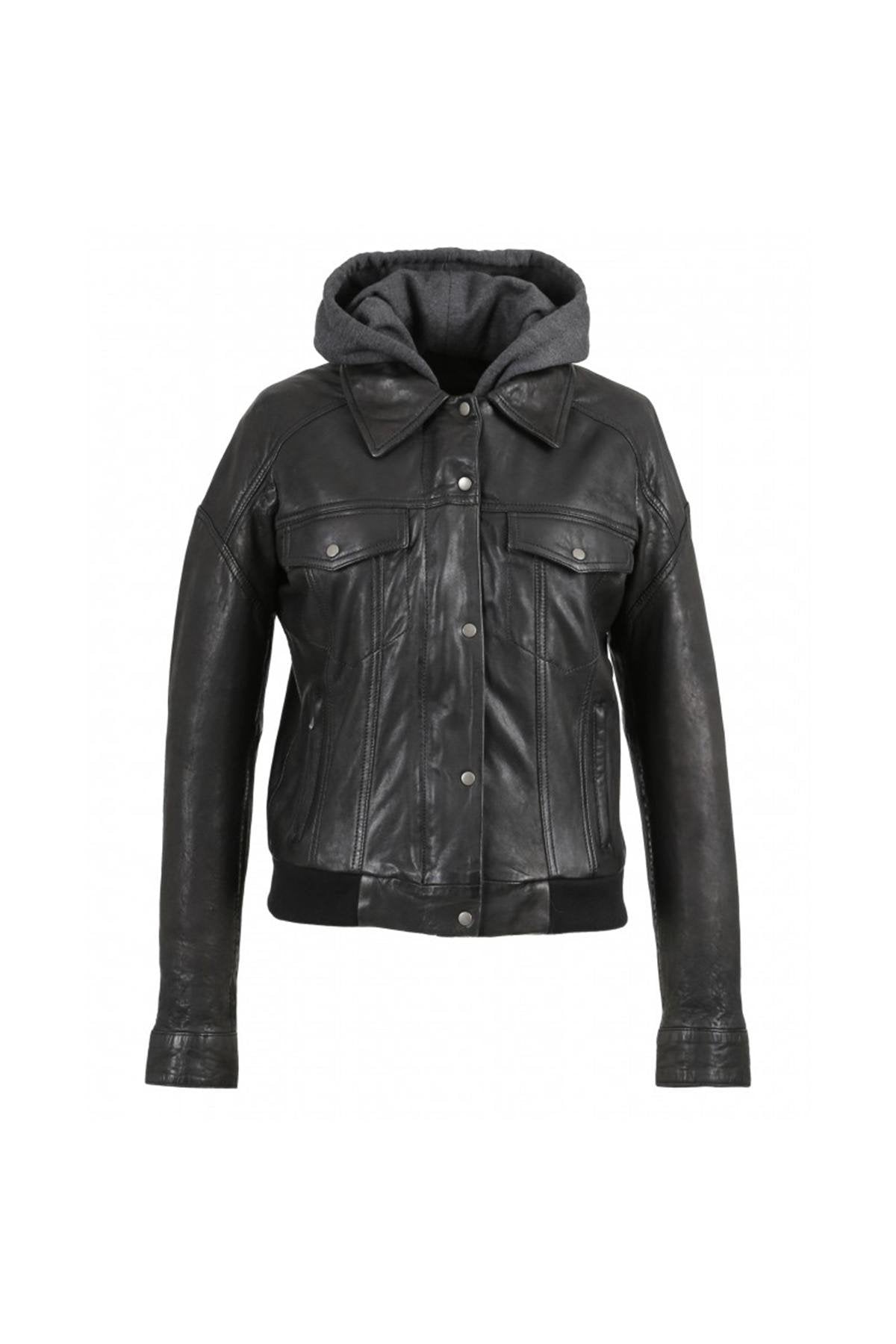 Black leather jacket with removable textile hood - Image n°7