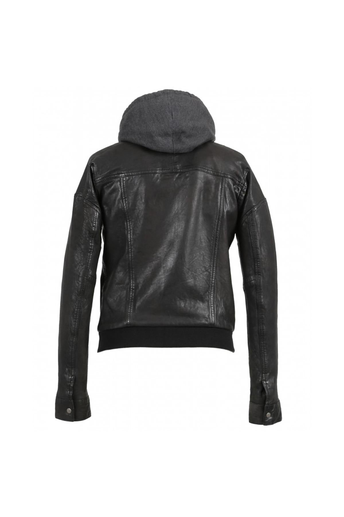 Black leather jacket with removable textile hood - Image n°8