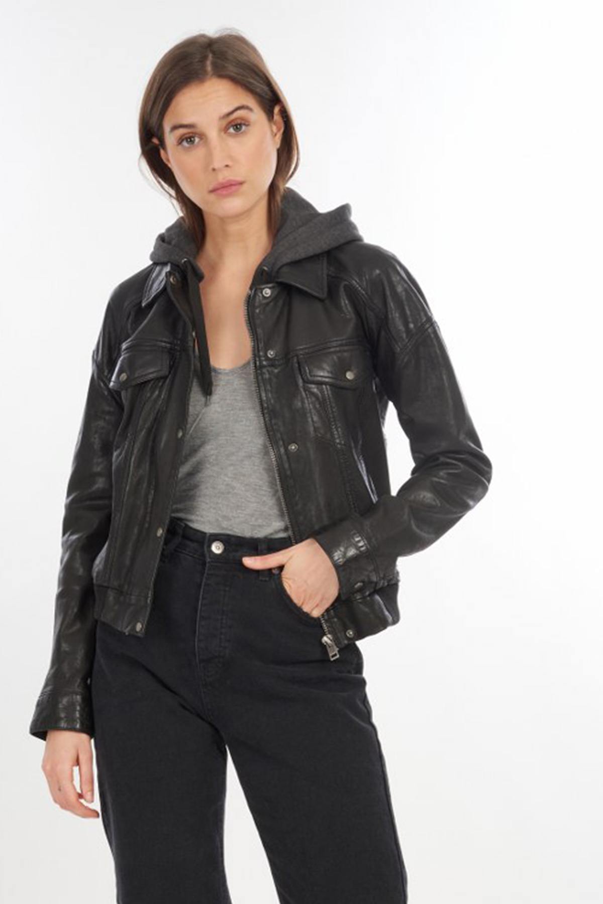 Black leather jacket with removable textile hood - Image n°1