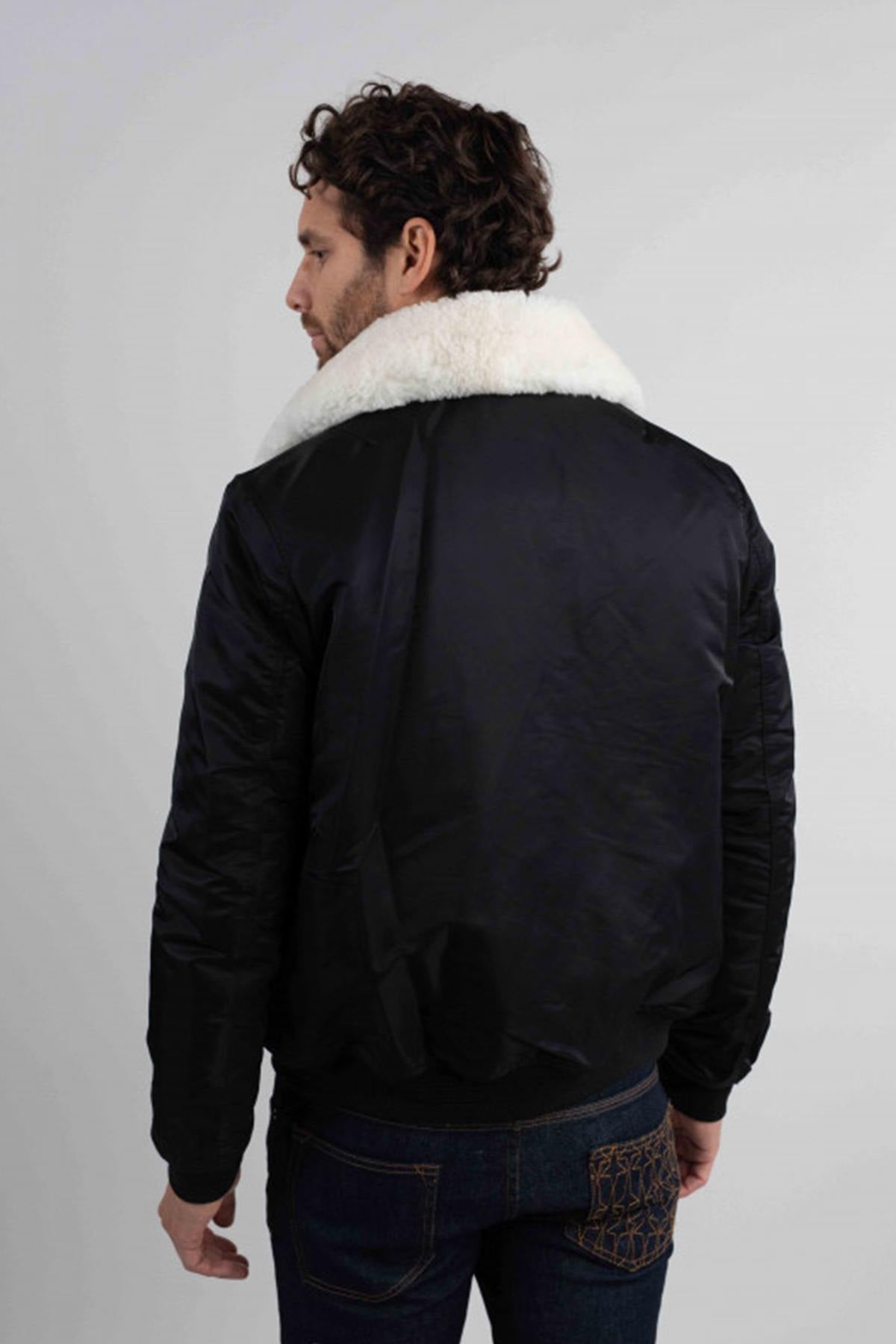 White textile bomber jacket with fur-lined collar - Image n°7