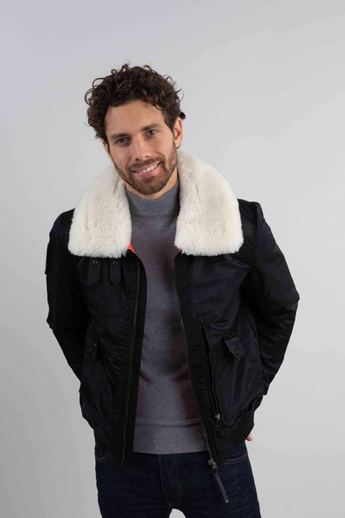 White textile bomber jacket with fur-lined collar - Image n°1