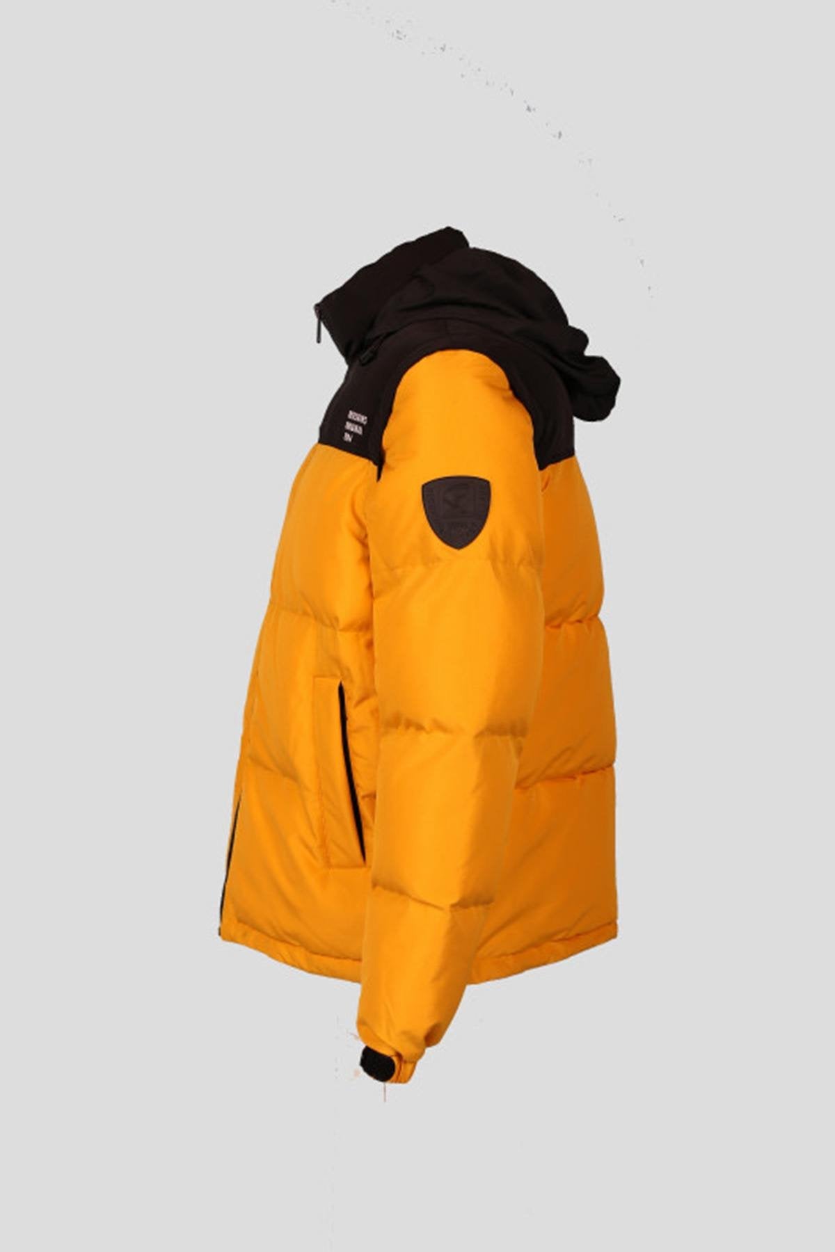 Yellow and black down jacket with removable sleeves - Image n°2