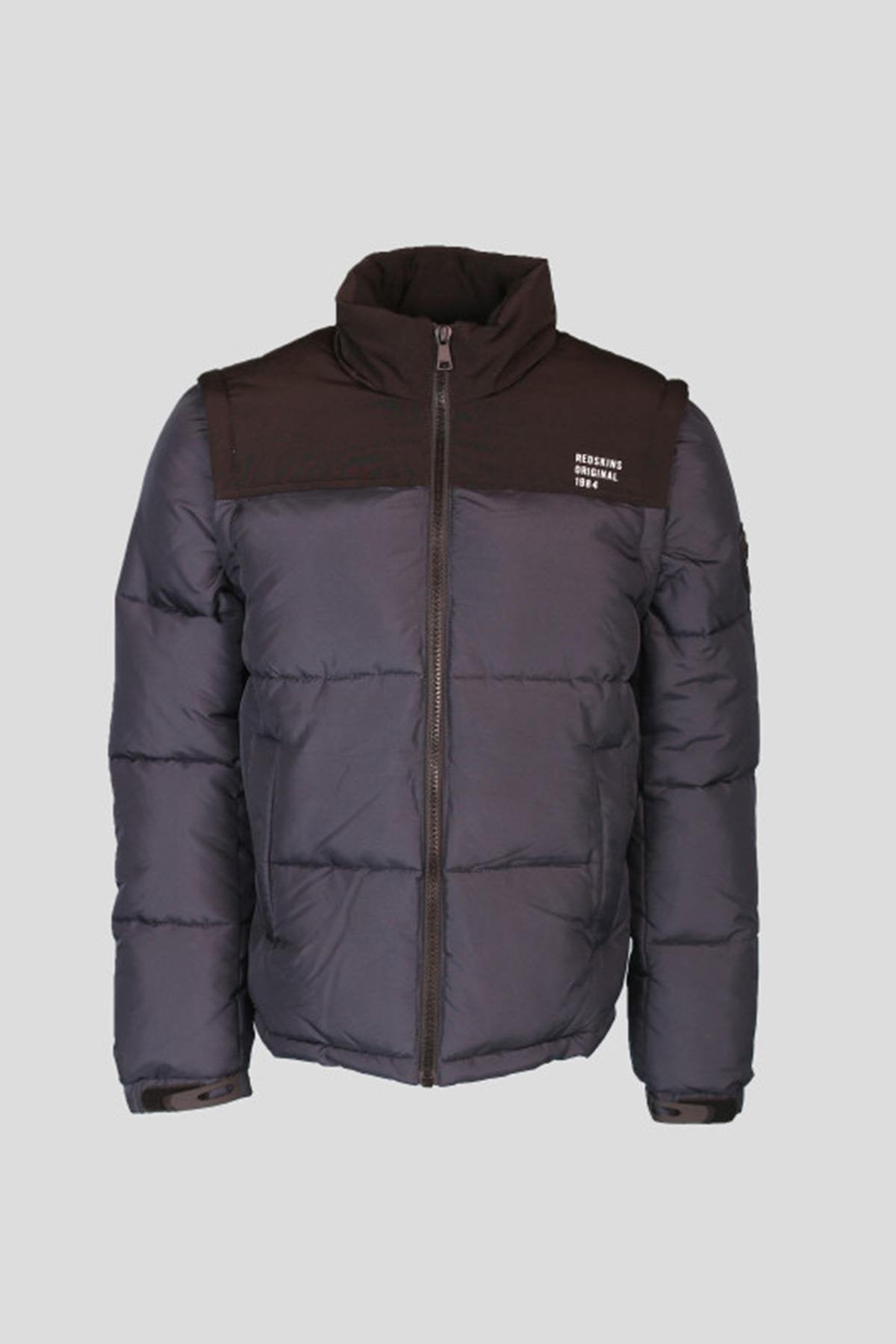 Navy blue down jacket with removable sleeves - Image n°1