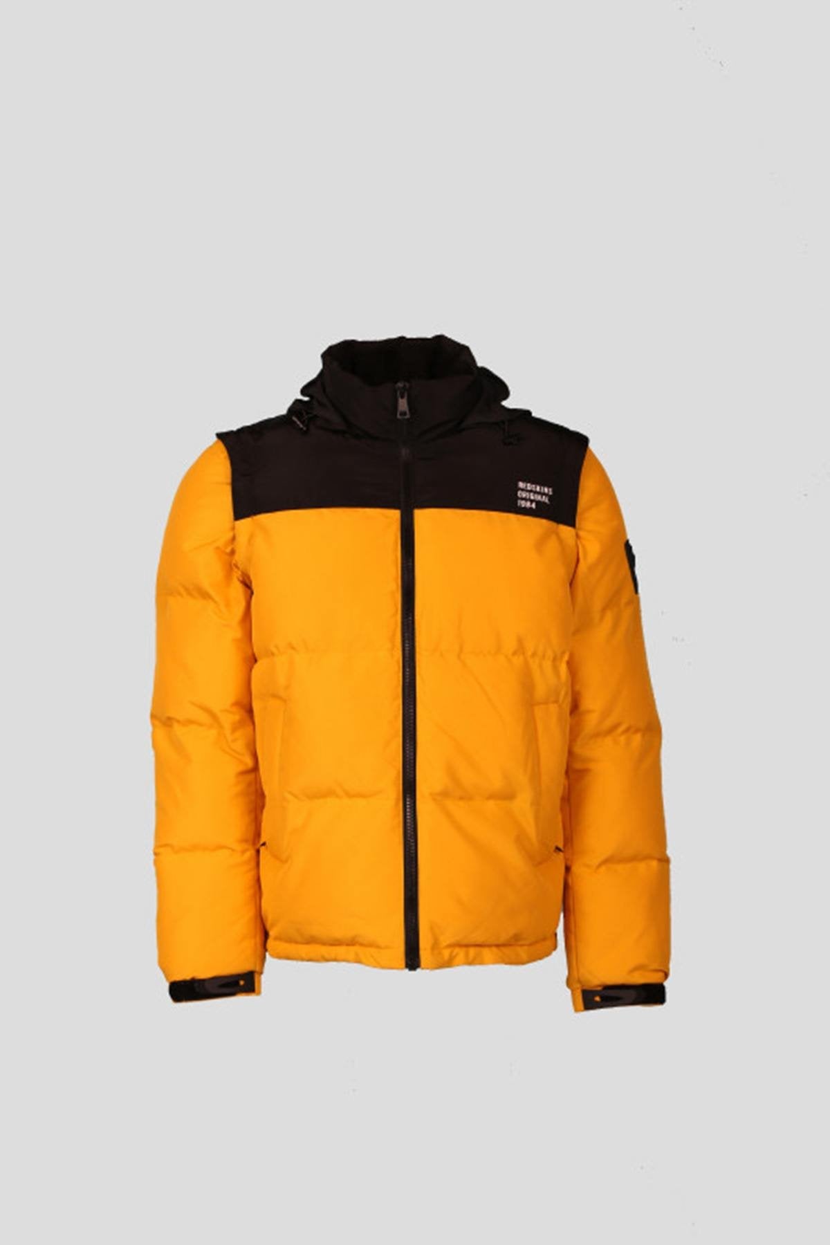 Yellow and black down jacket with removable sleeves - Image n°1