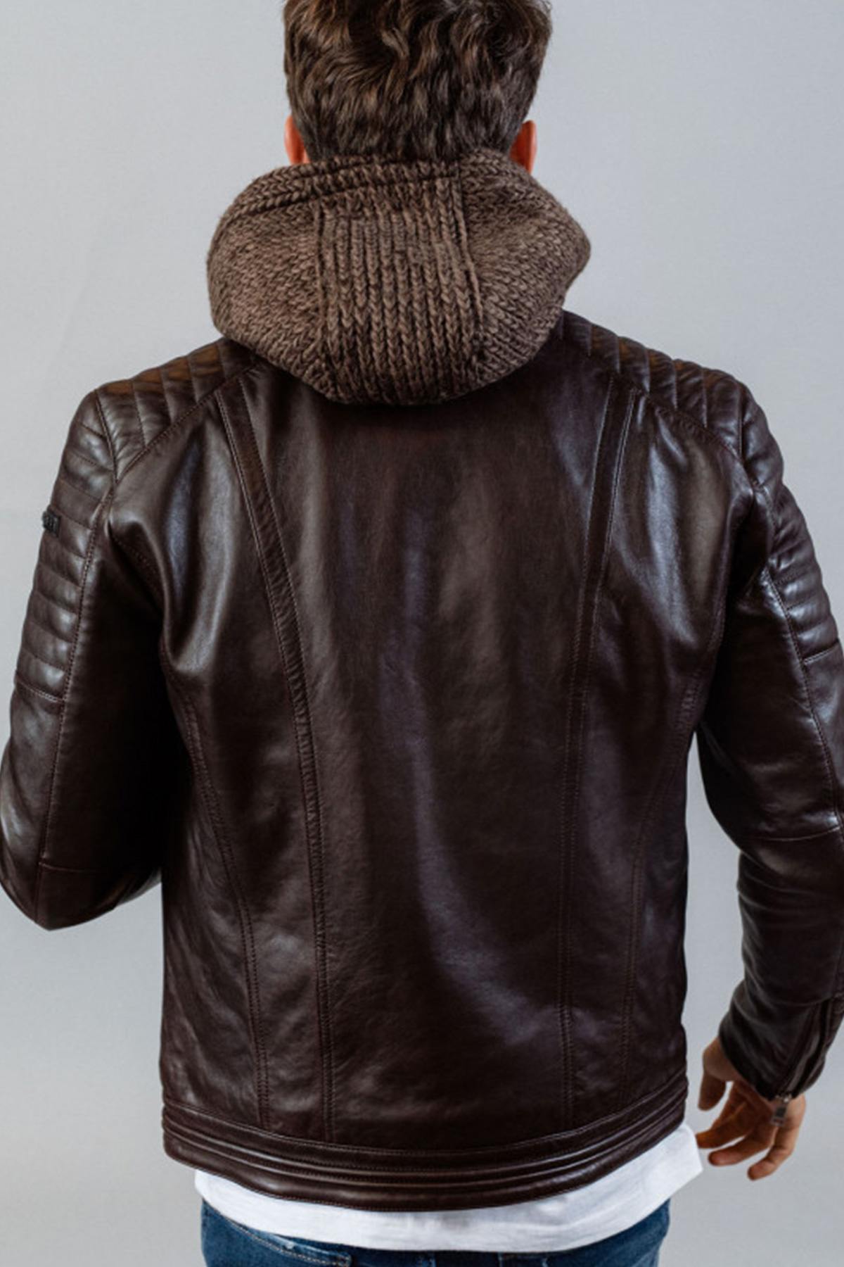 Dark brown weathered leather jacket with removable wool hood - Image n°7