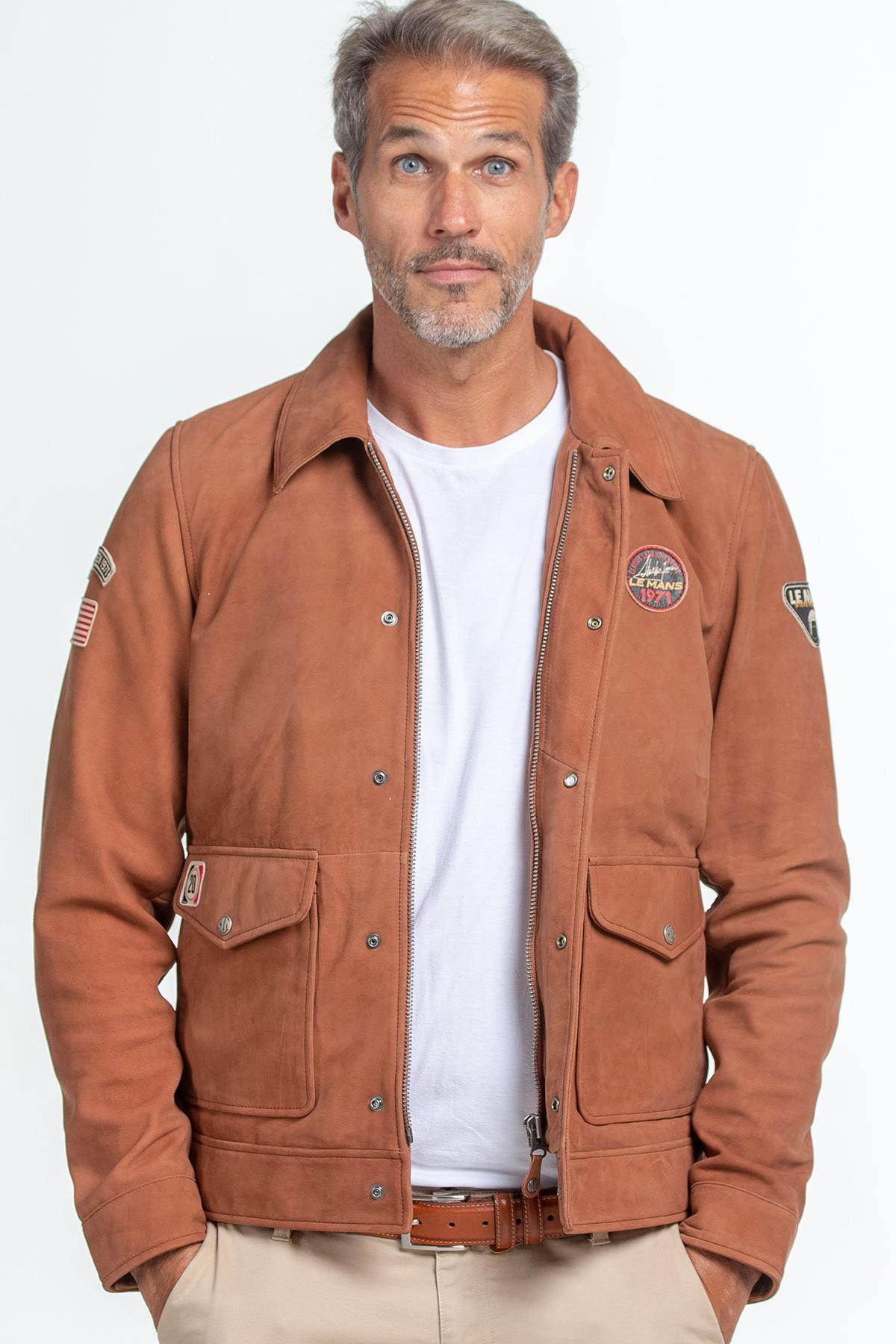 Racer-style jacket with shirt collar in nubuck leather - Image n°1