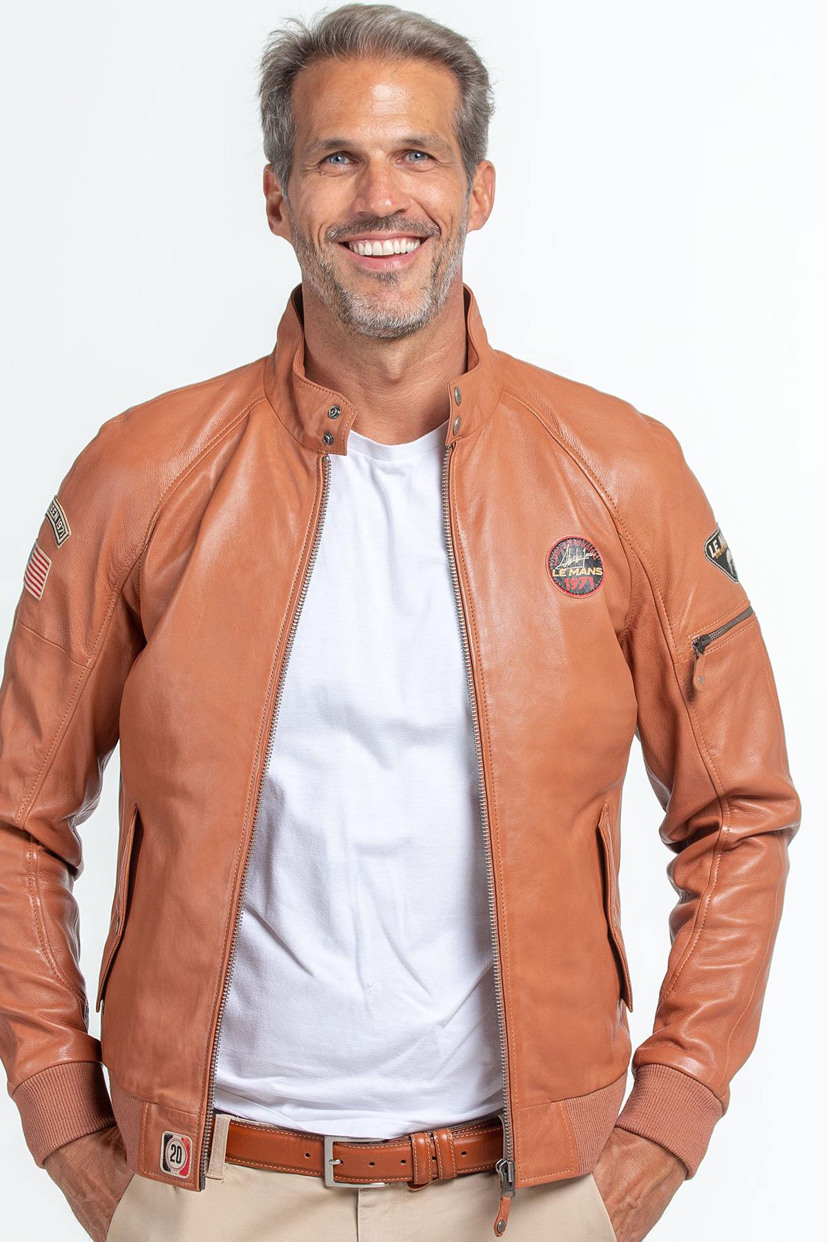 Light brown racer-style leather jacket - Image n°1