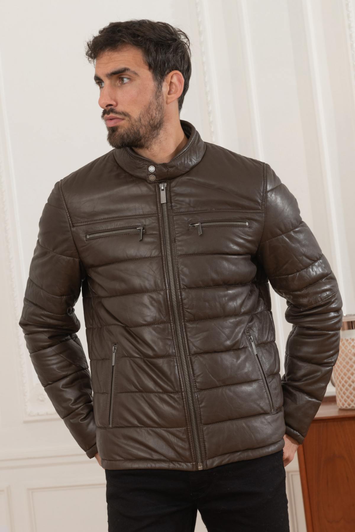 Mid-length down jacket in brown genuine leather - Image n°7