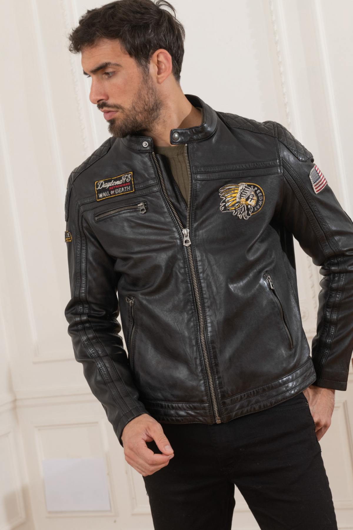 Vegetable lamb leather jacket with biker collar - Image n°1