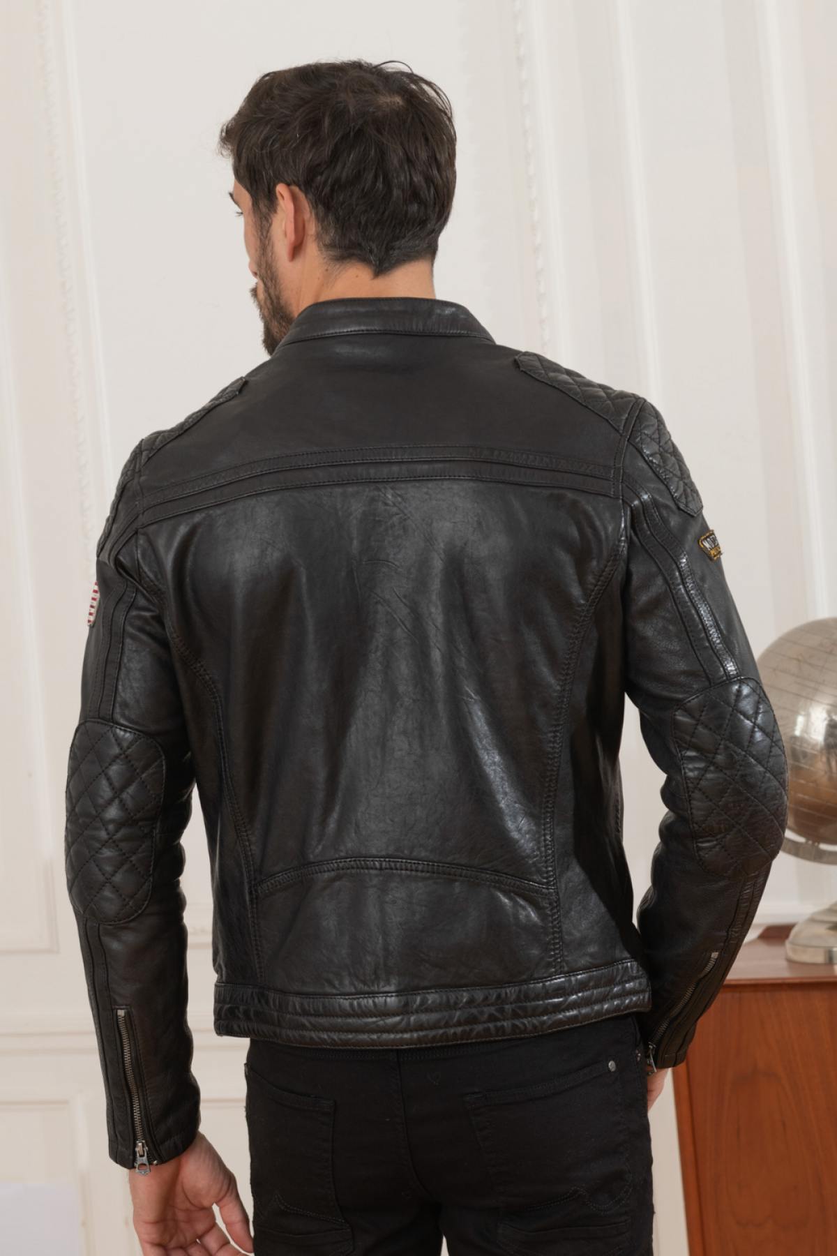 Vegetable lamb leather jacket with biker collar - Image n°5