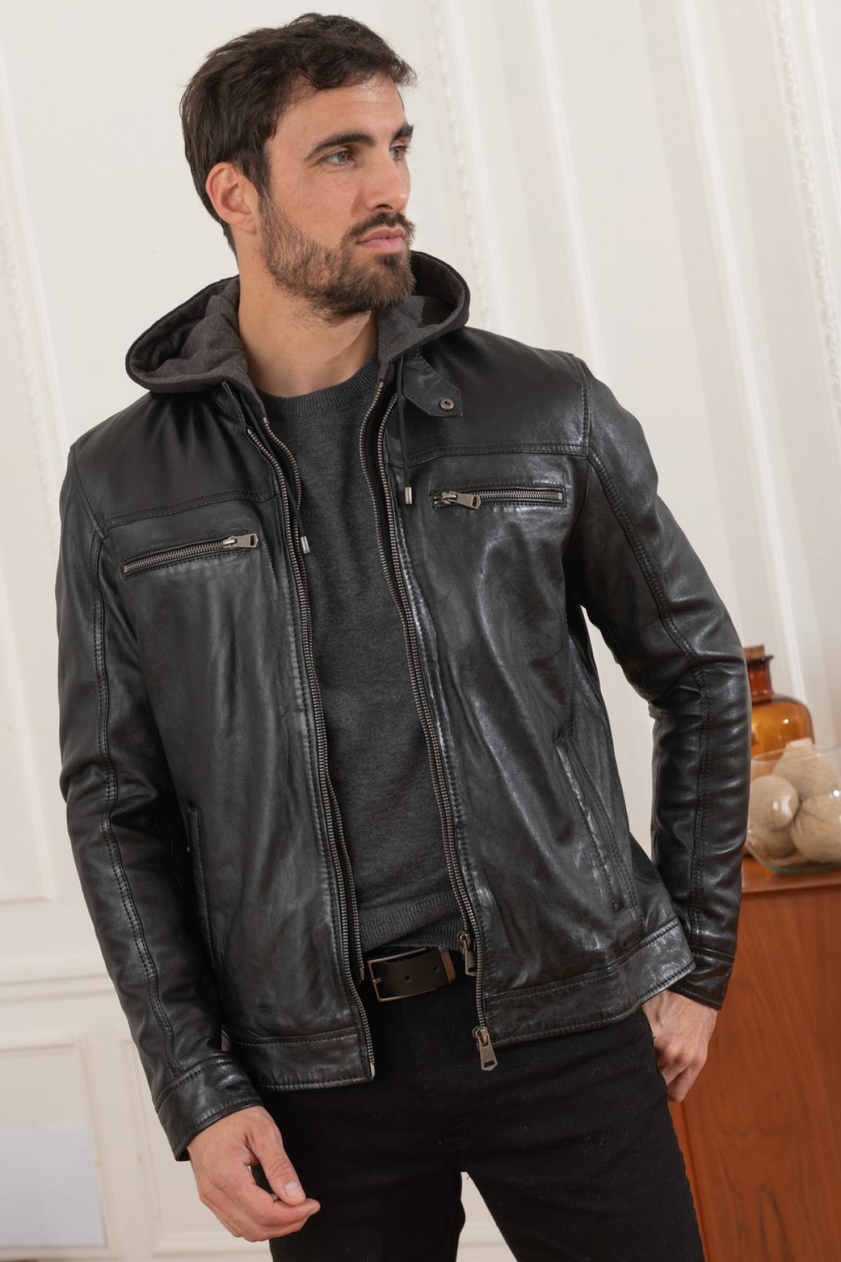 Black leather jacket with removable hood - Image n°1