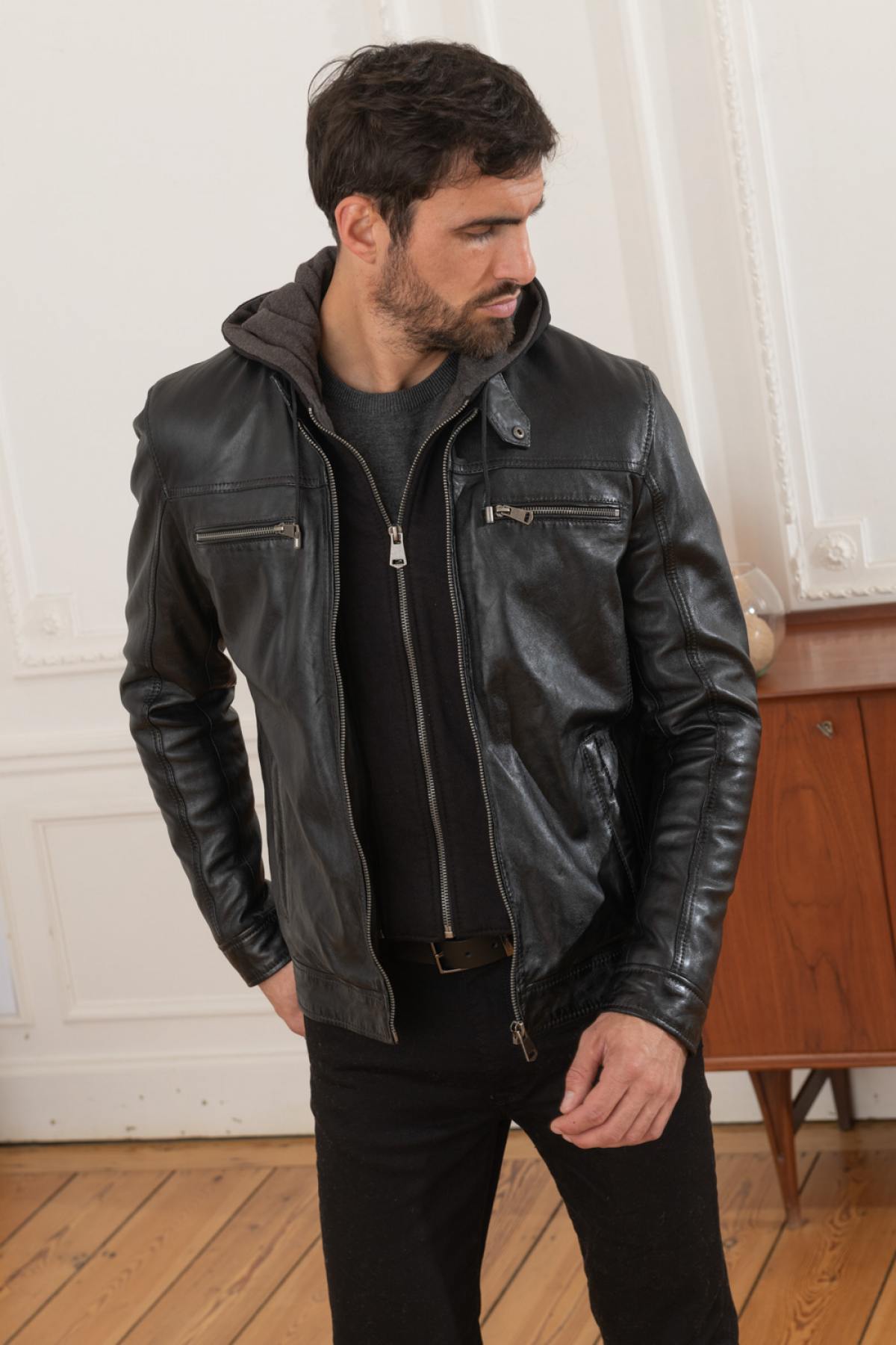 Black leather jacket with removable hood - Image n°5