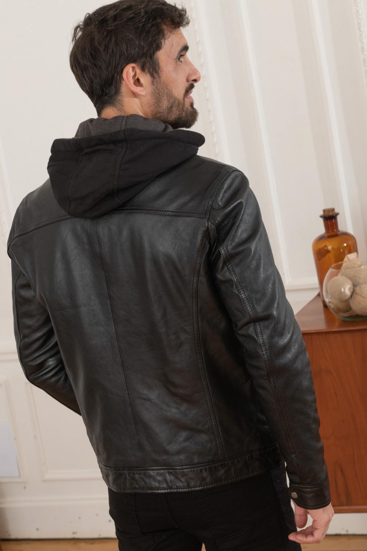 Black leather jacket with removable hood - Image n°9