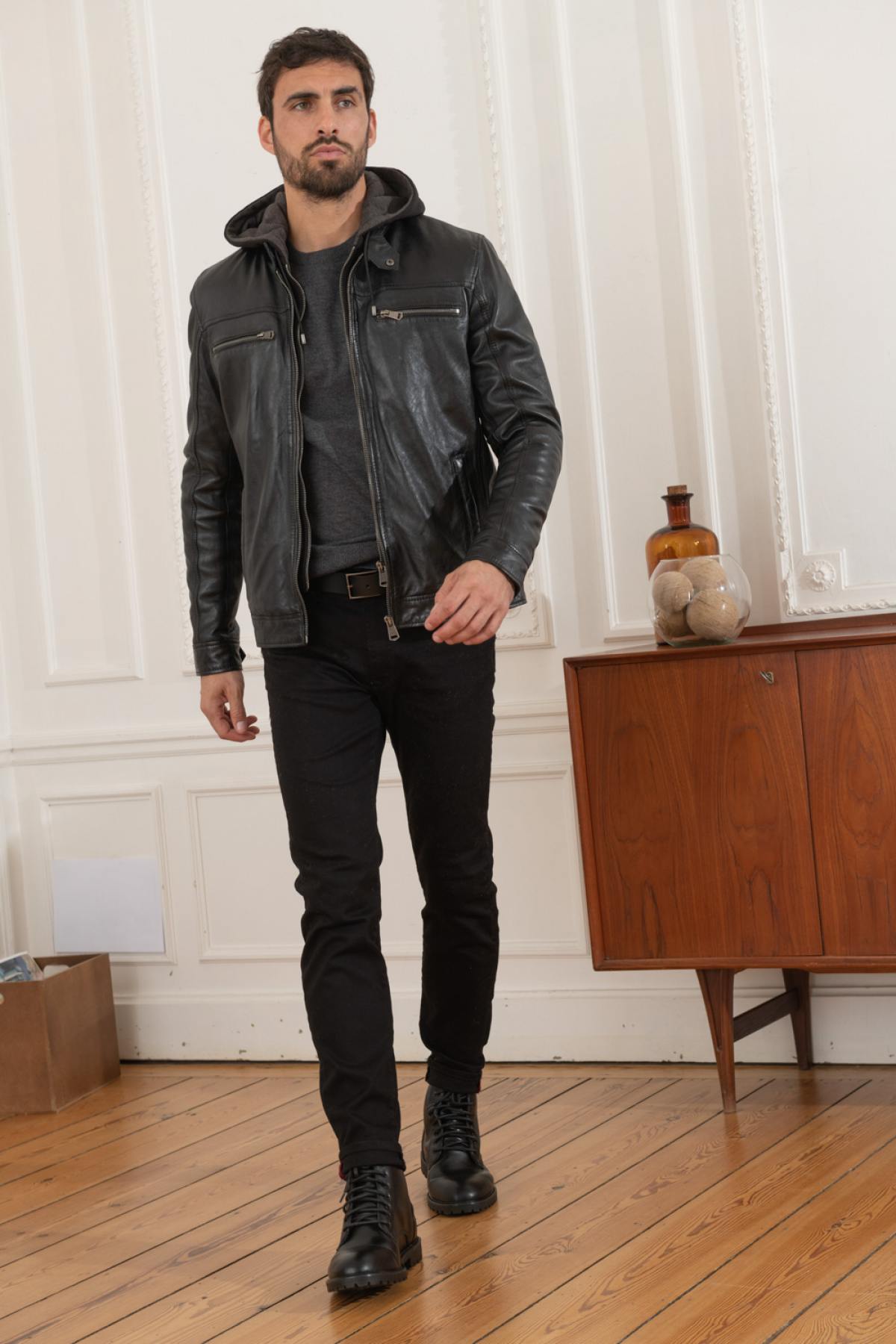 Black leather jacket with removable hood - Image n°4