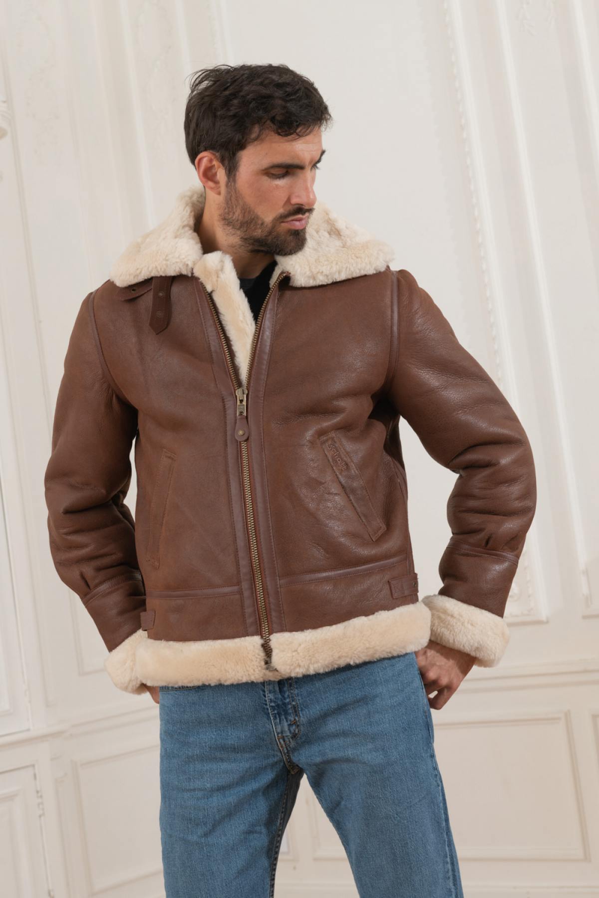 US Army B-3 bomber in cognac shearling - Image n°2