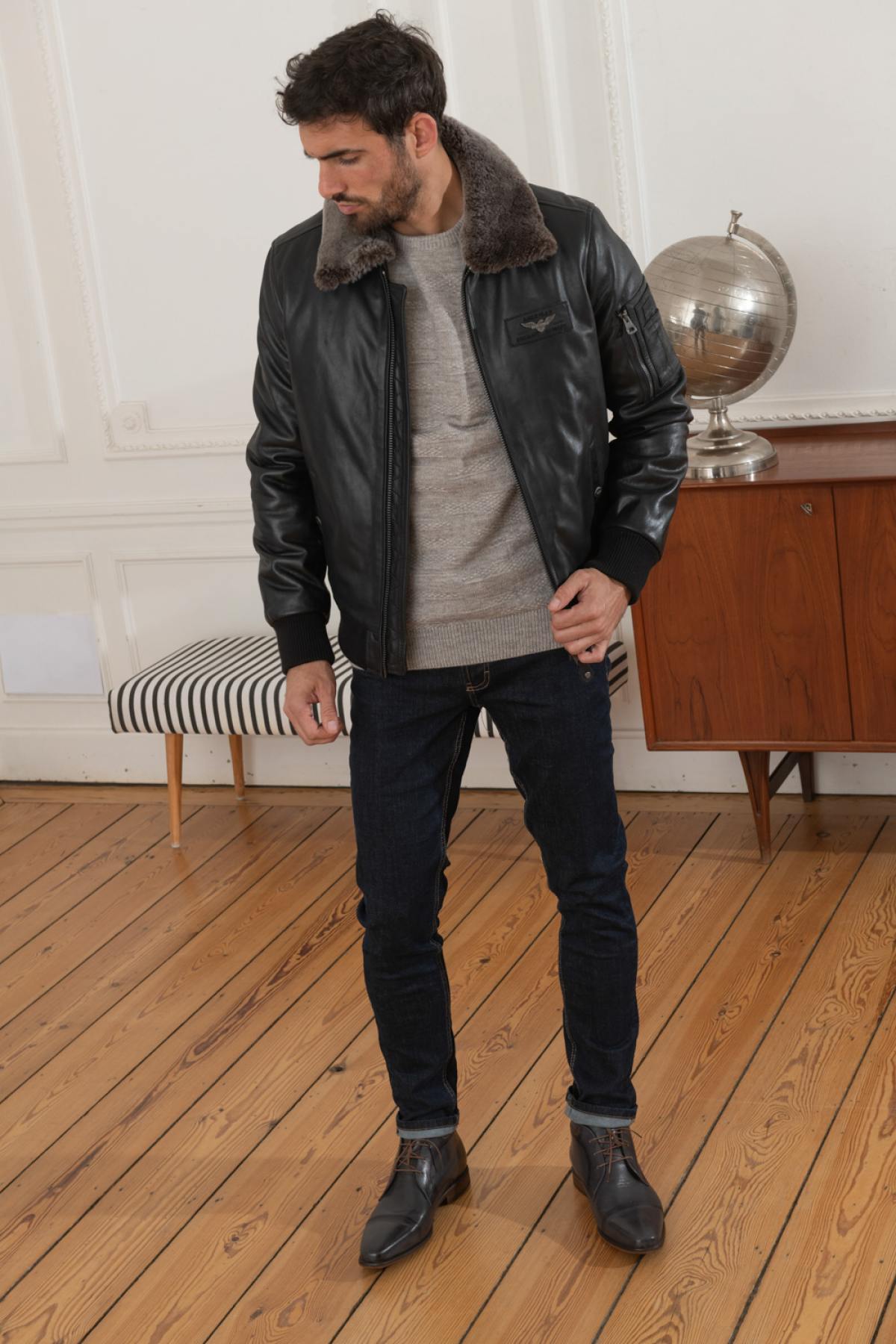 Leather aviator with fur-lined shirt collar - Image n°3