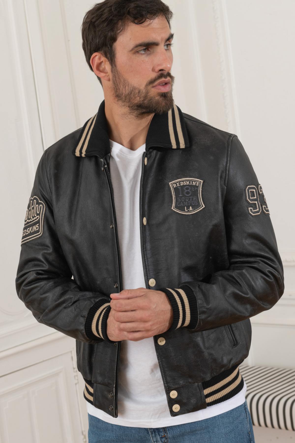 Teddy-style jacket in aged leather with shirt collar - Image n°1