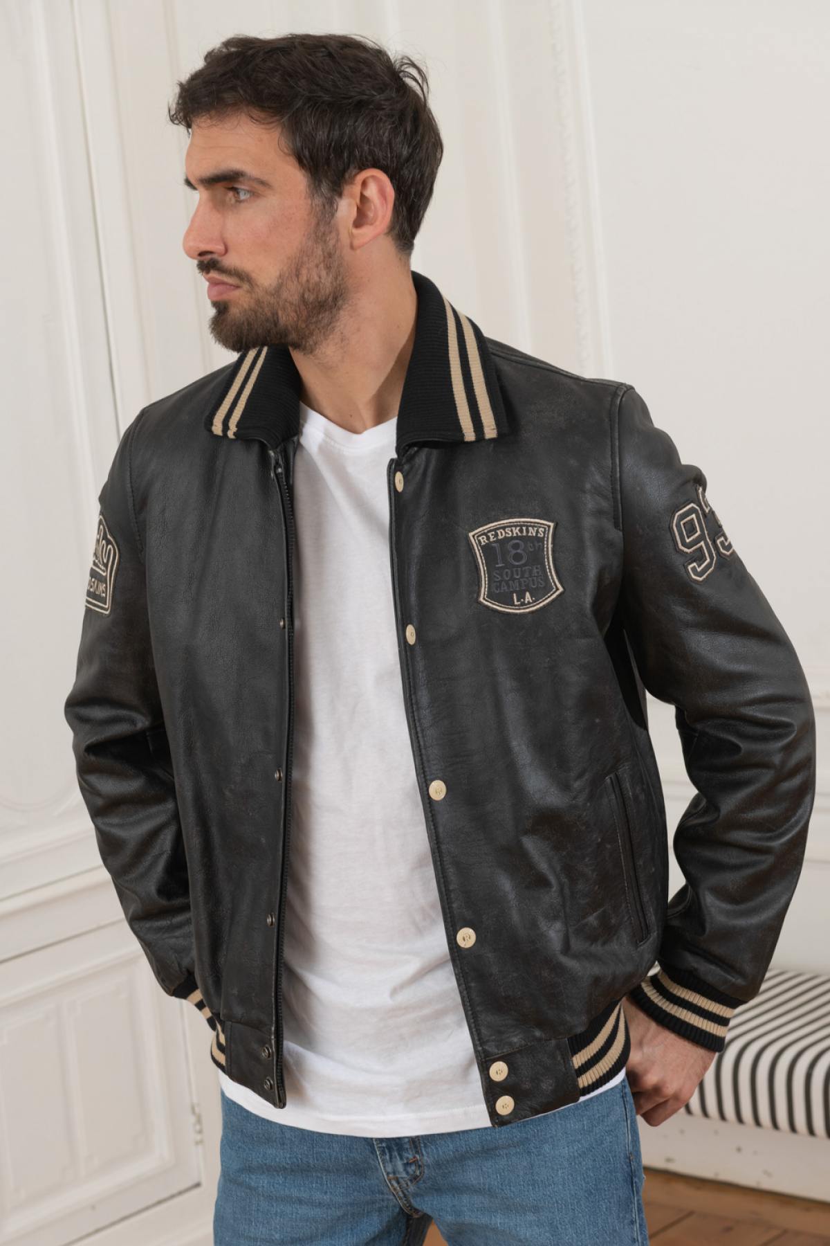 Teddy-style jacket in aged leather with shirt collar - Image n°7