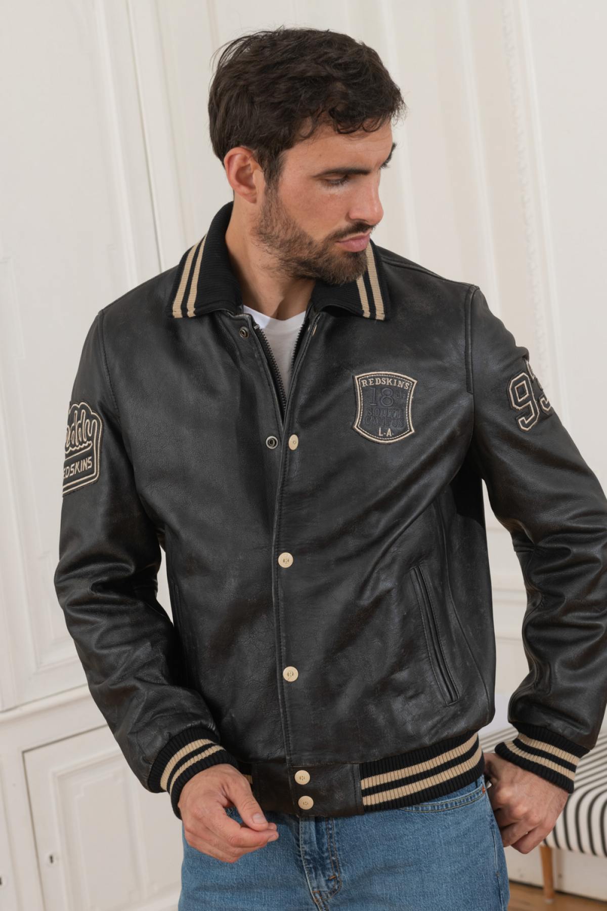 Teddy-style jacket in aged leather with shirt collar - Image n°8