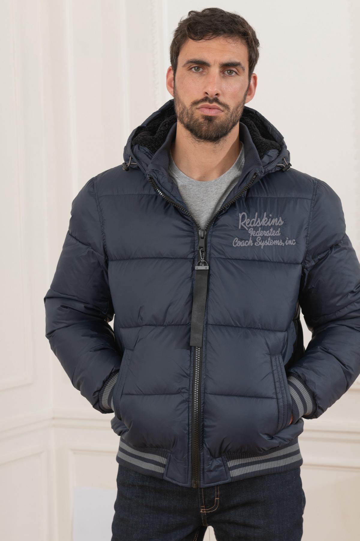 Men's navy blue quilted down jacket - Image n°1