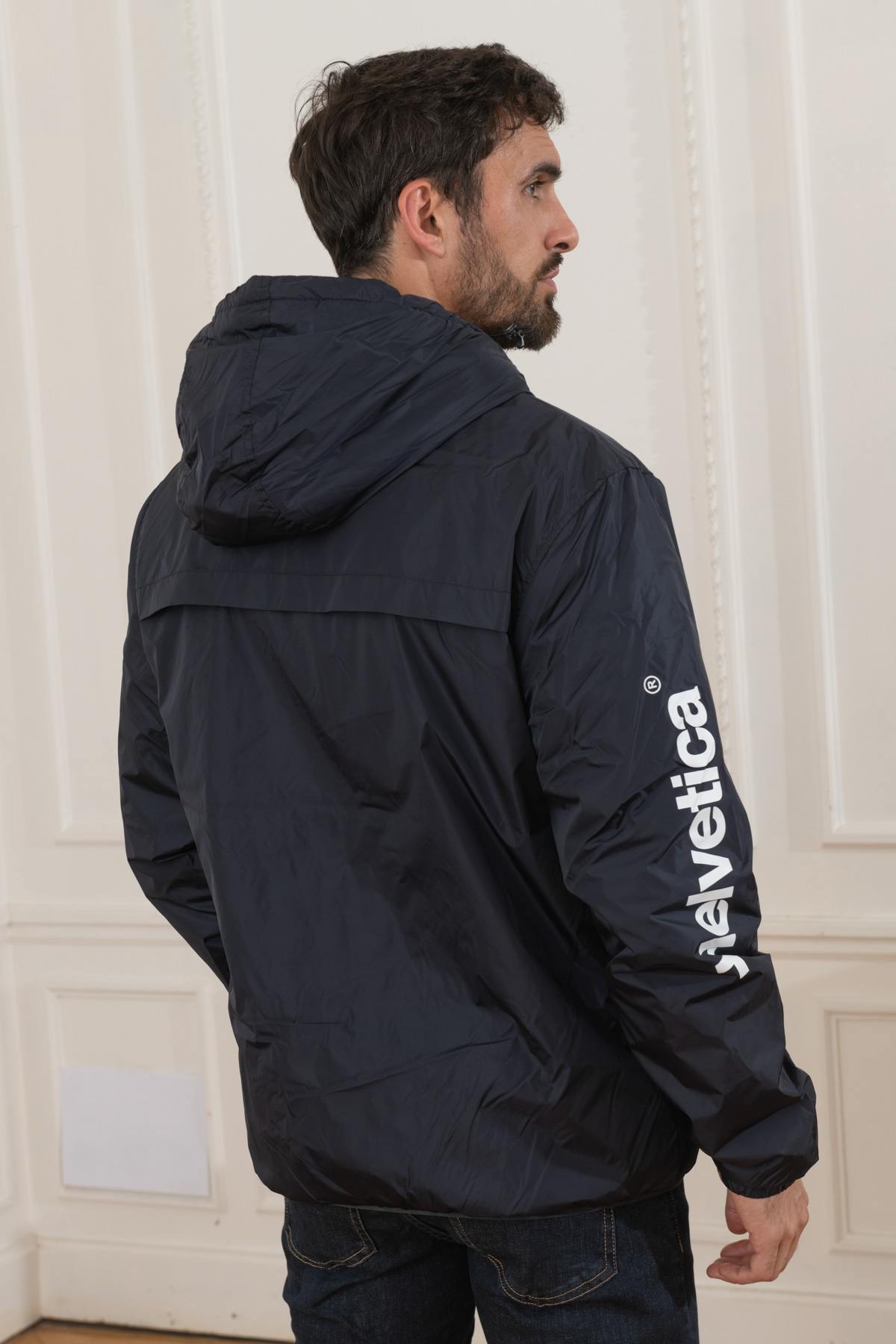 Blue windbreaker jacket with fur-lined hood - Image n°5