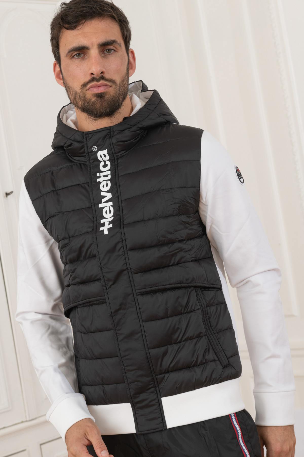 White and black bi-material quilted down jacket - Image n°7