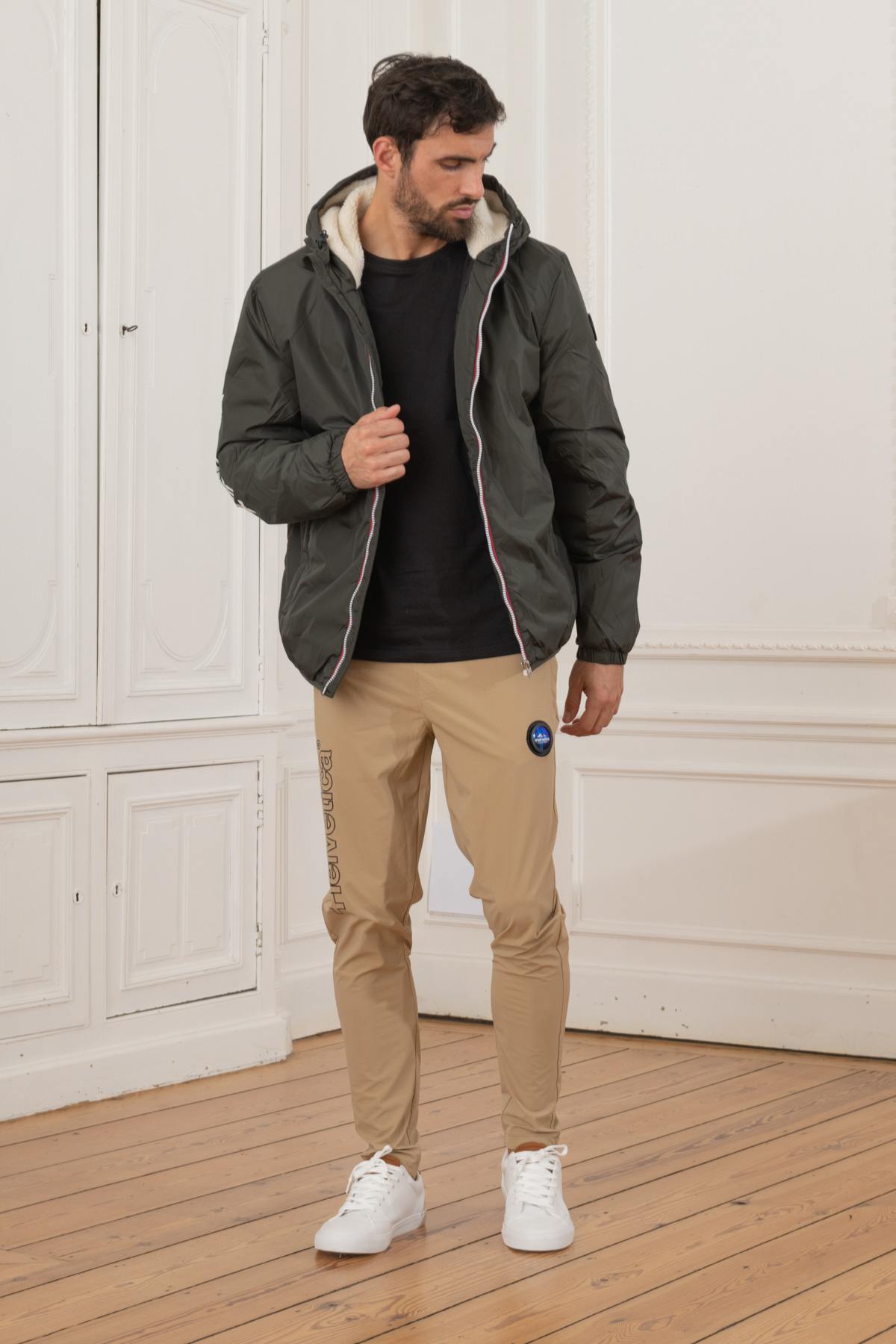 Khaki technical jacket with fur-lined hood - Image n°4